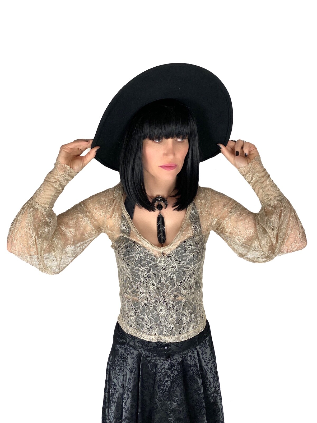 Widow Sheer Goth Witch Gothic Victorian Vampire Cult Beige Blouse Top Shirt