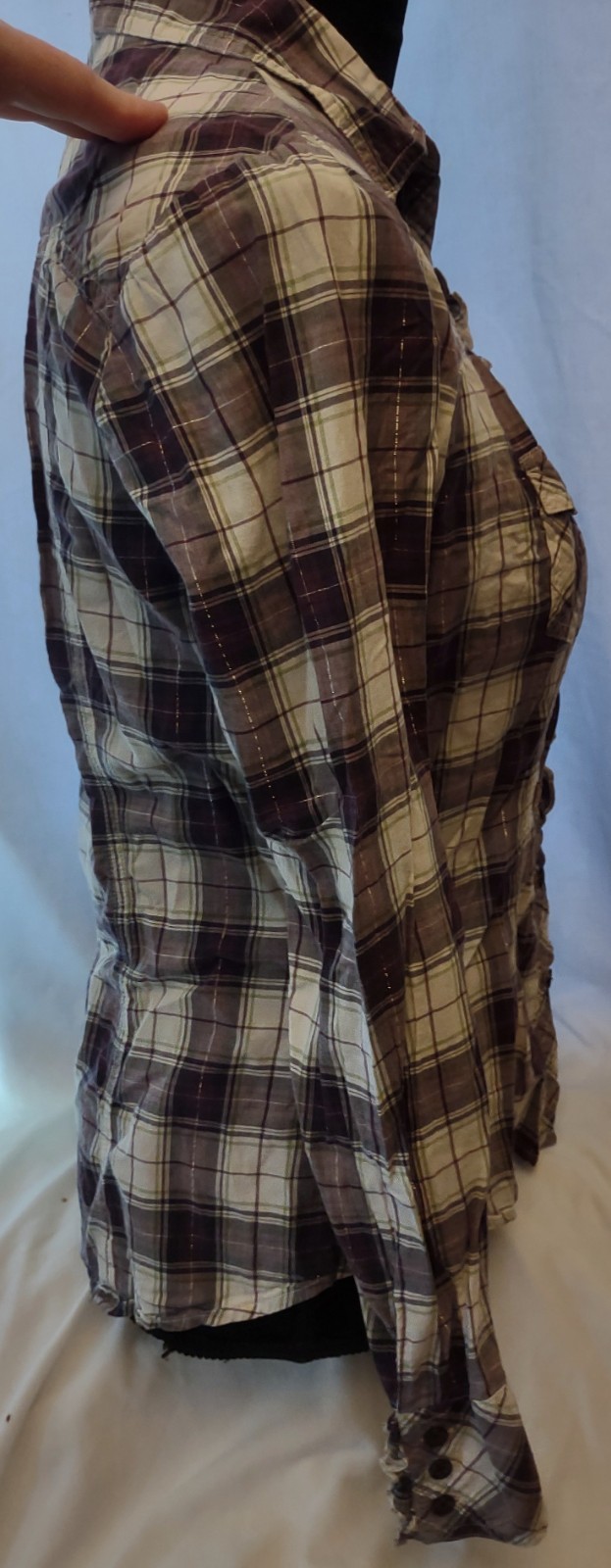 GAP Plaid/Button/Collar/Western Light-Weight Shirt–Purple/White/Silver–Medium