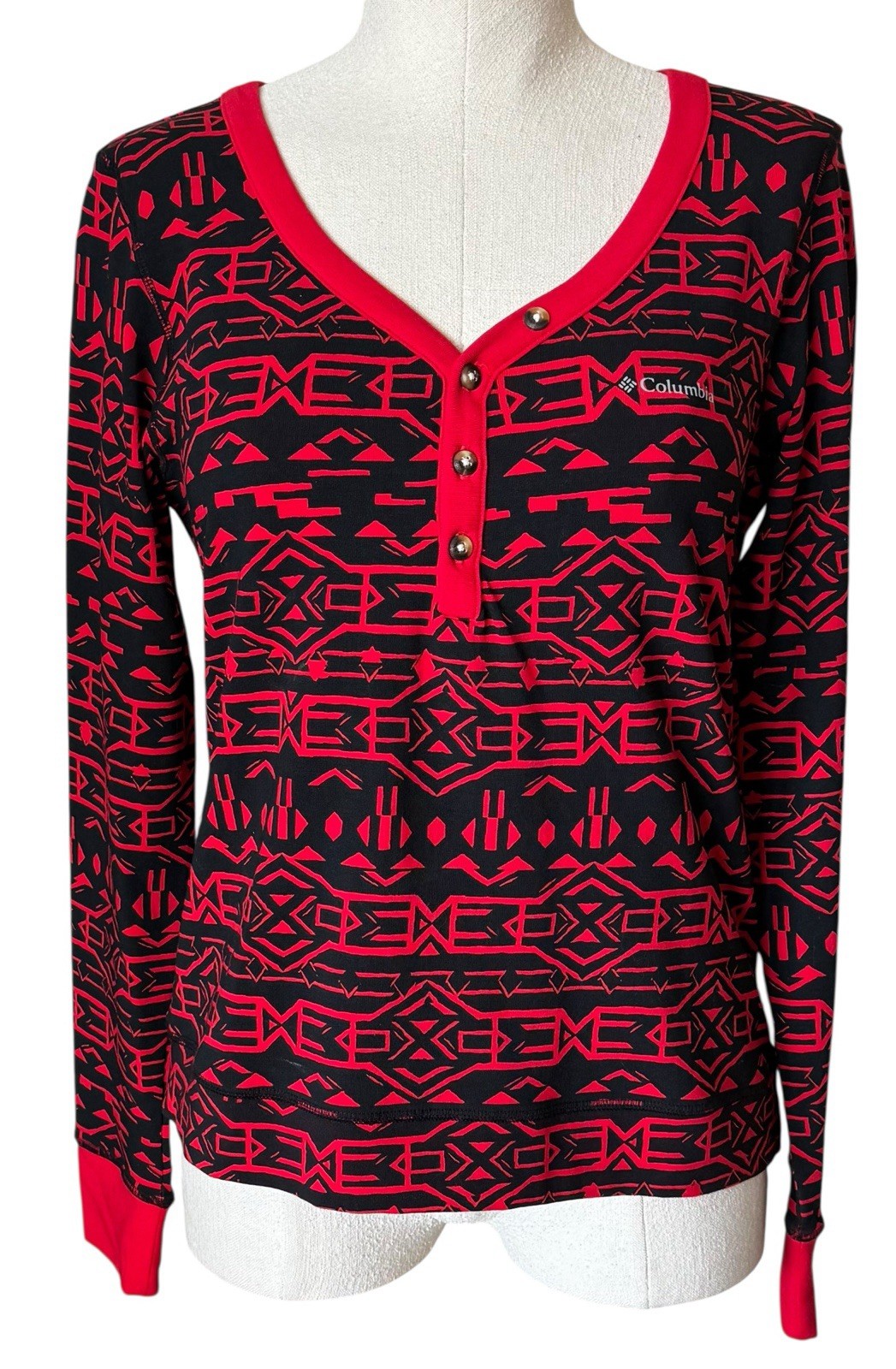 Columbia Holly Hideaway Henley Top Long Sleeves Black Red Geometric M NWOT