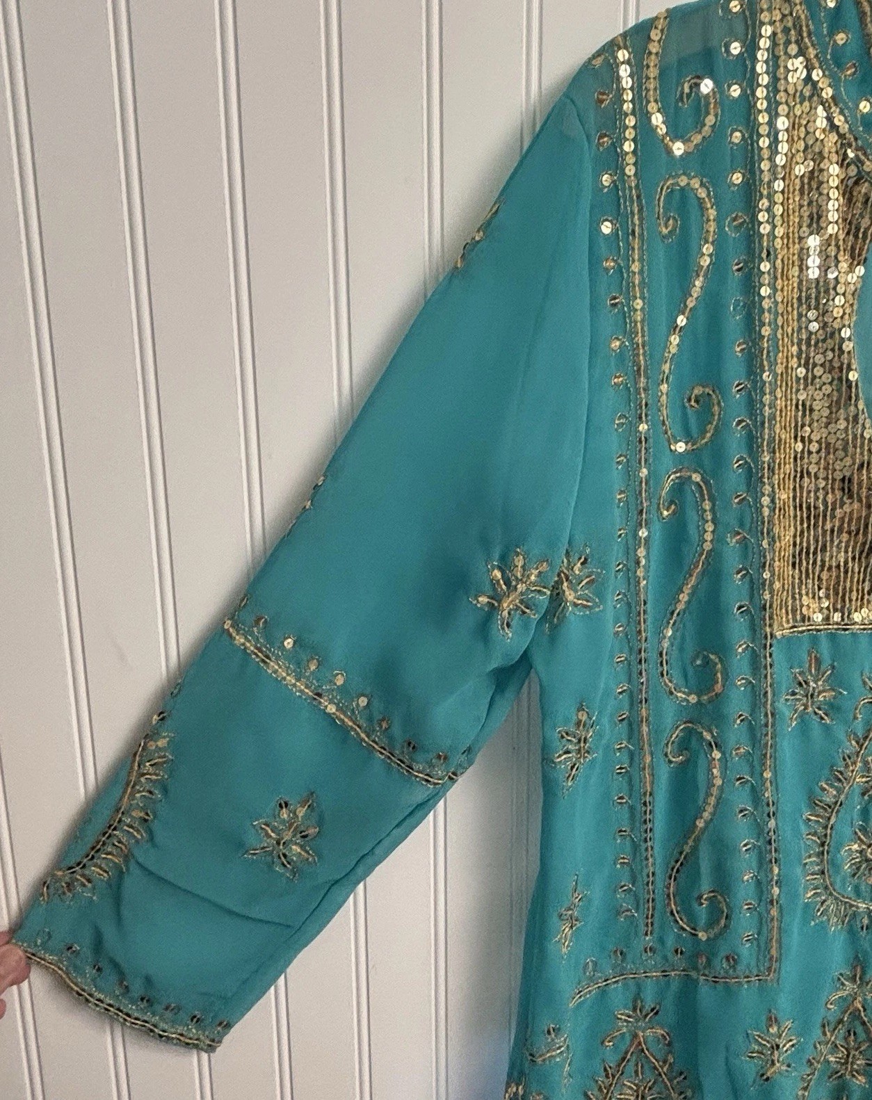 Zolena Tunic Top Cover Up Sheer Beaded Turquoise LG India Resort Boho Cruise