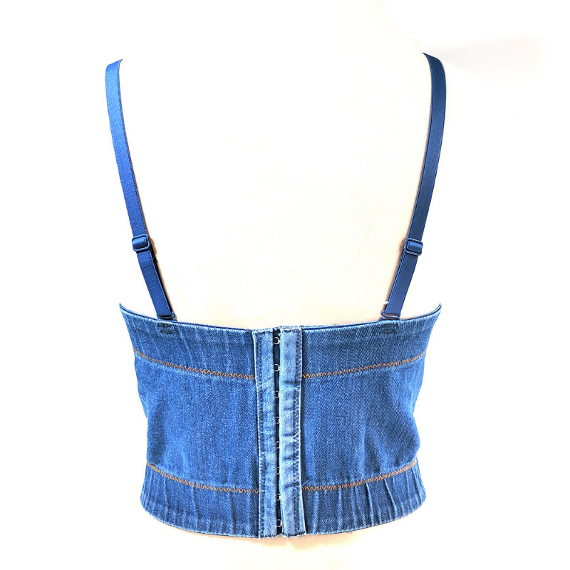Lady Rhinestone Denim Bustier Crop Top Adjustable Strap Push Up Bra Camisole Top