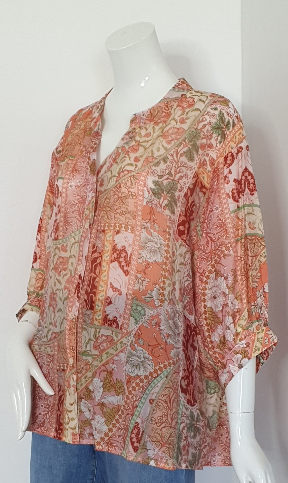 Caroline Morgan Sz 14-16 Boho Floral Patchwork Blouse 3/4 Slv Hi-Lo Hem BNWT