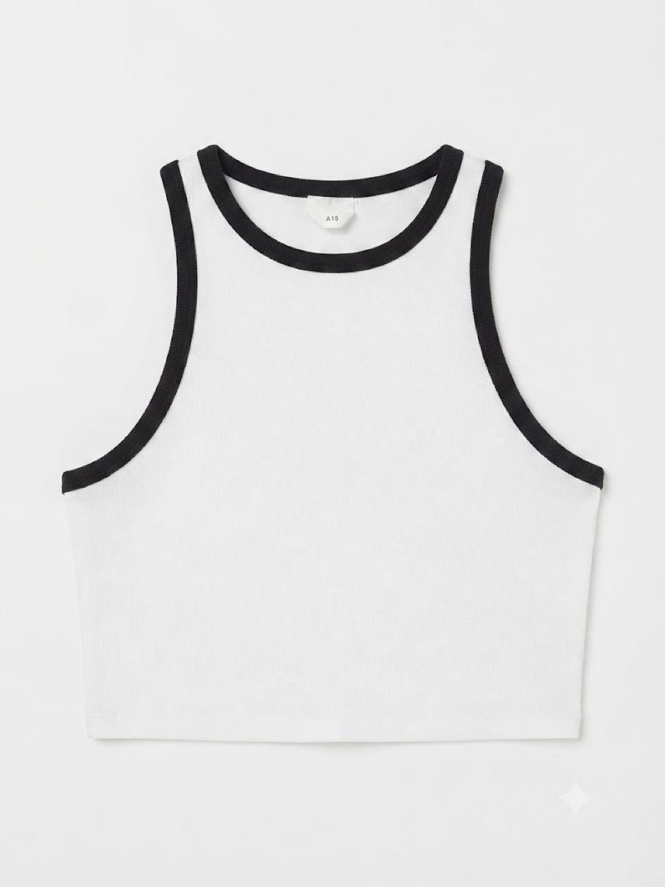 H&M White Ribbed Crop Tank Top with Black Trim