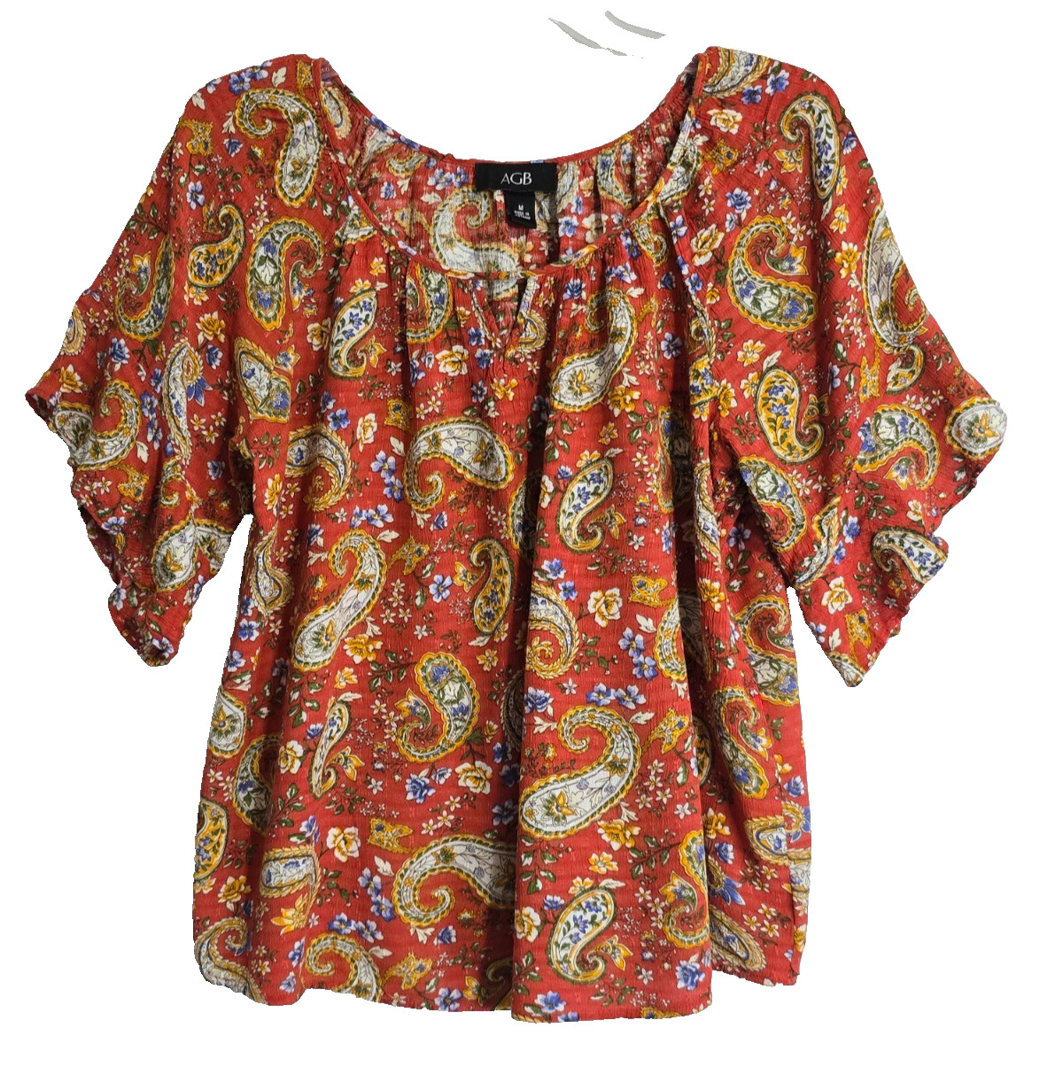 AGB Womens Top Boho Peasant Cottagecore Medium Red Paisley Short Flutter Sleeves