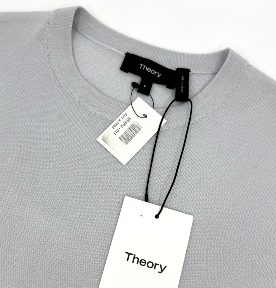 Theory Blouson Crew Regal Wool Sweater PS Mist Blue Fine Gauge Merino NWT