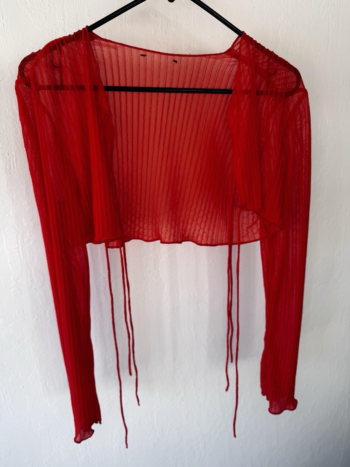Zara Women’s Red Sheer Mesh Cropped Tie-Front Long Sleeve Top Solid S