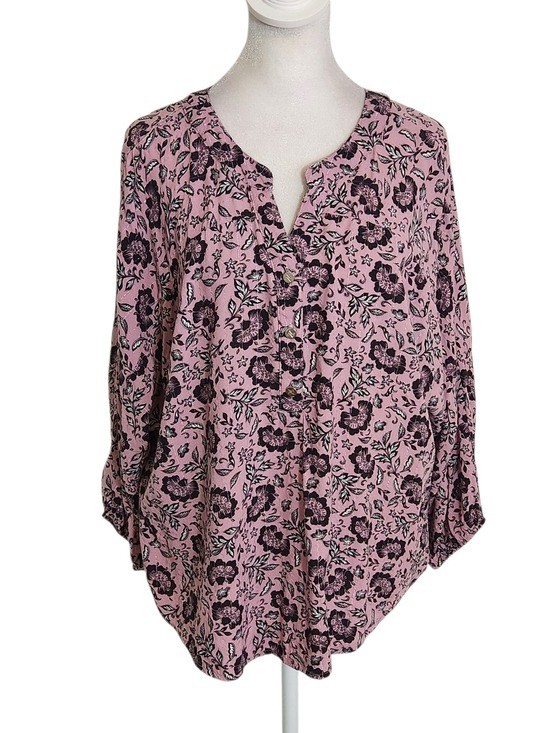 Adrienne Vittadini Dolman Sleeve Purple and Black Floral Print Blouse Size Large