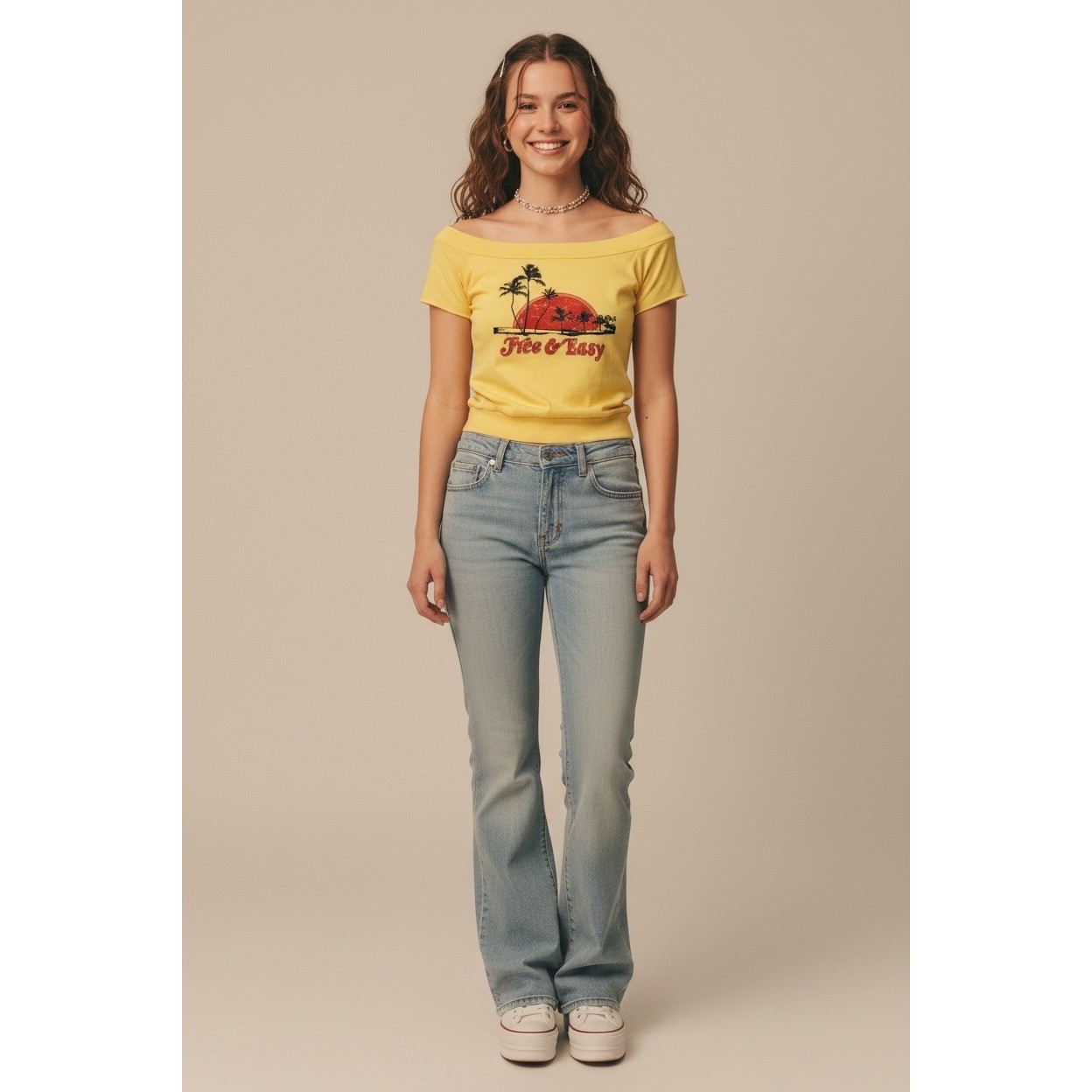 VINTAGE DELIAS Graphic Tee Women L Yellow Free & Easy Palm Tree Y2K 90s Retro