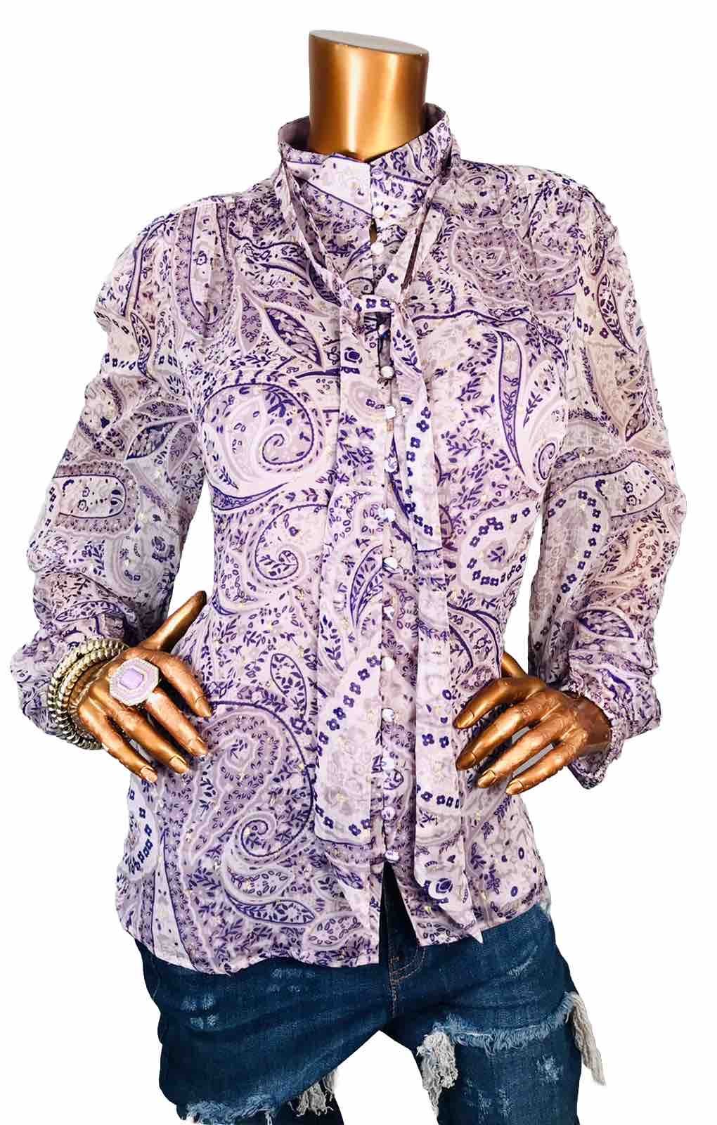 Ann Taylor L Top Lined Button Up Shirt Blouse Shiny Floral Paisleys Neck Tie