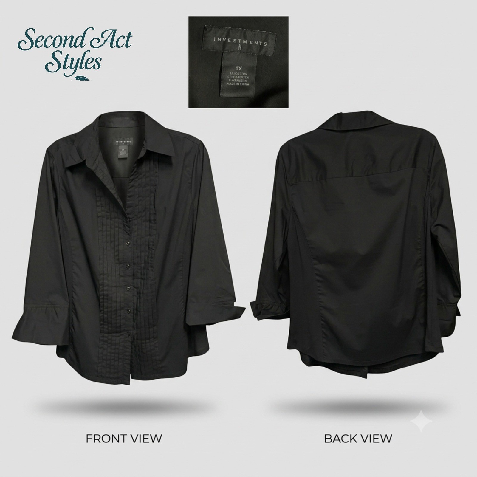 Investments Black Pintuck Button Down Shirt Women’s 1X Stretch 3/4 Sleeve