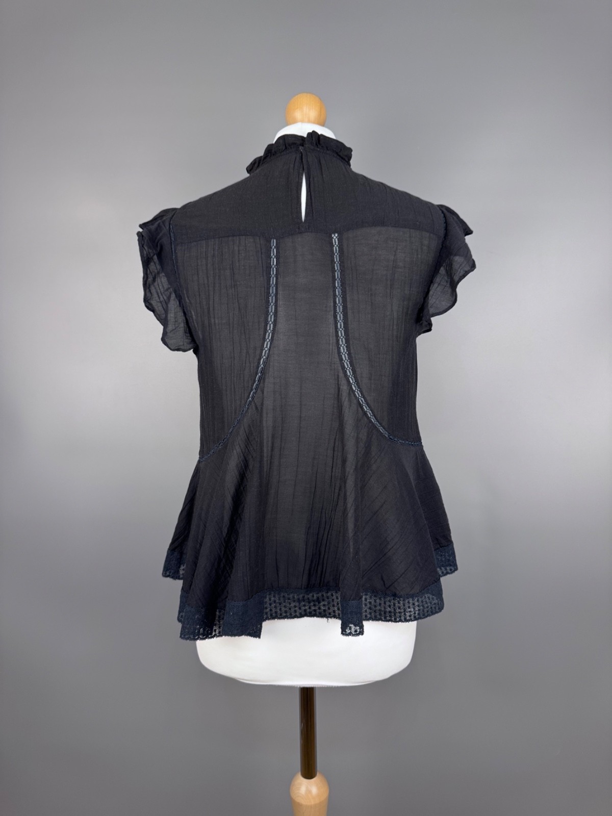 Isabel Marant Etoile Vivia Top Black Mock Neck Lace Trim Ruffle Embroid Womens S