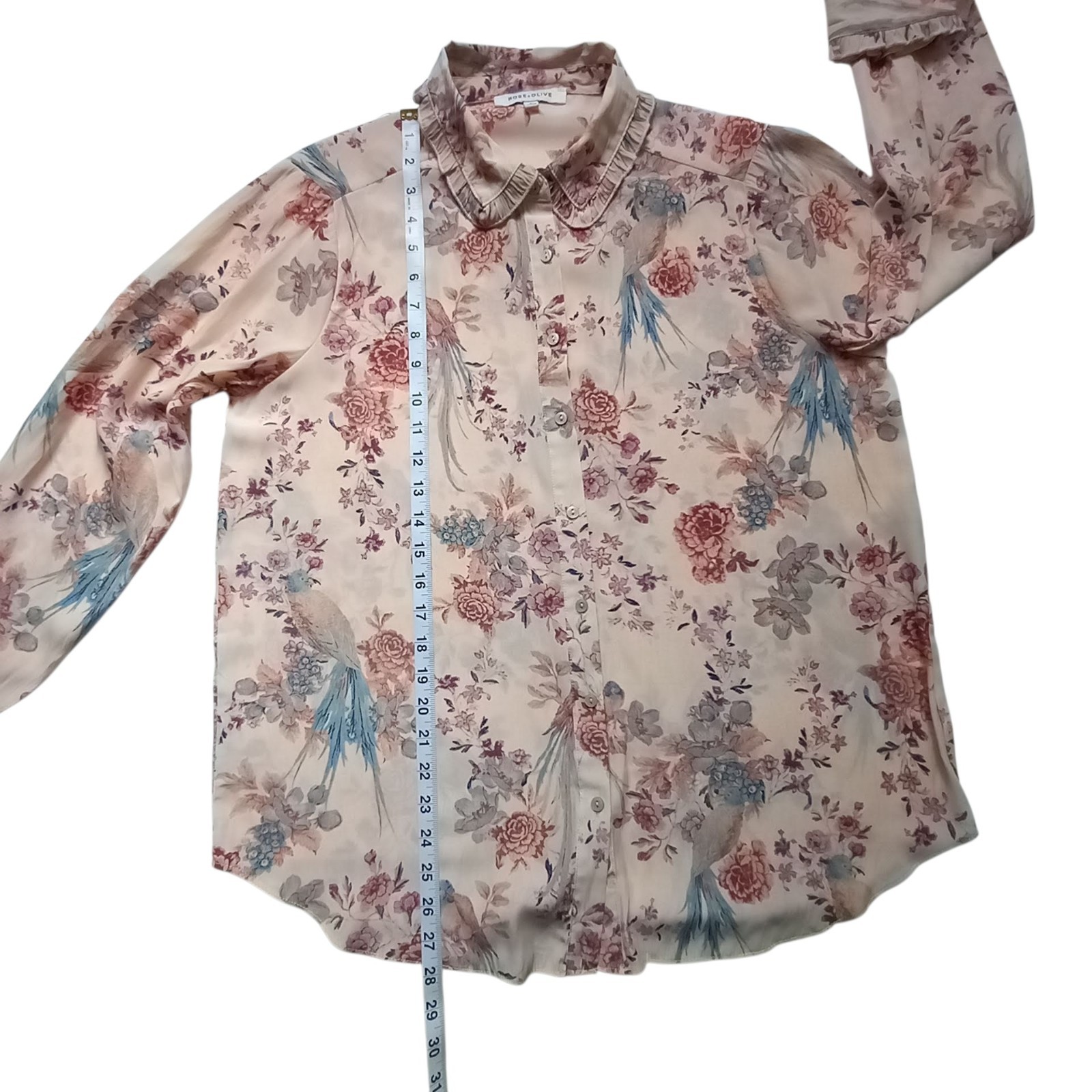 Rose + Olive Floral Bird Button Up Top Large Ruffles Cottagecore Fairy Coquette