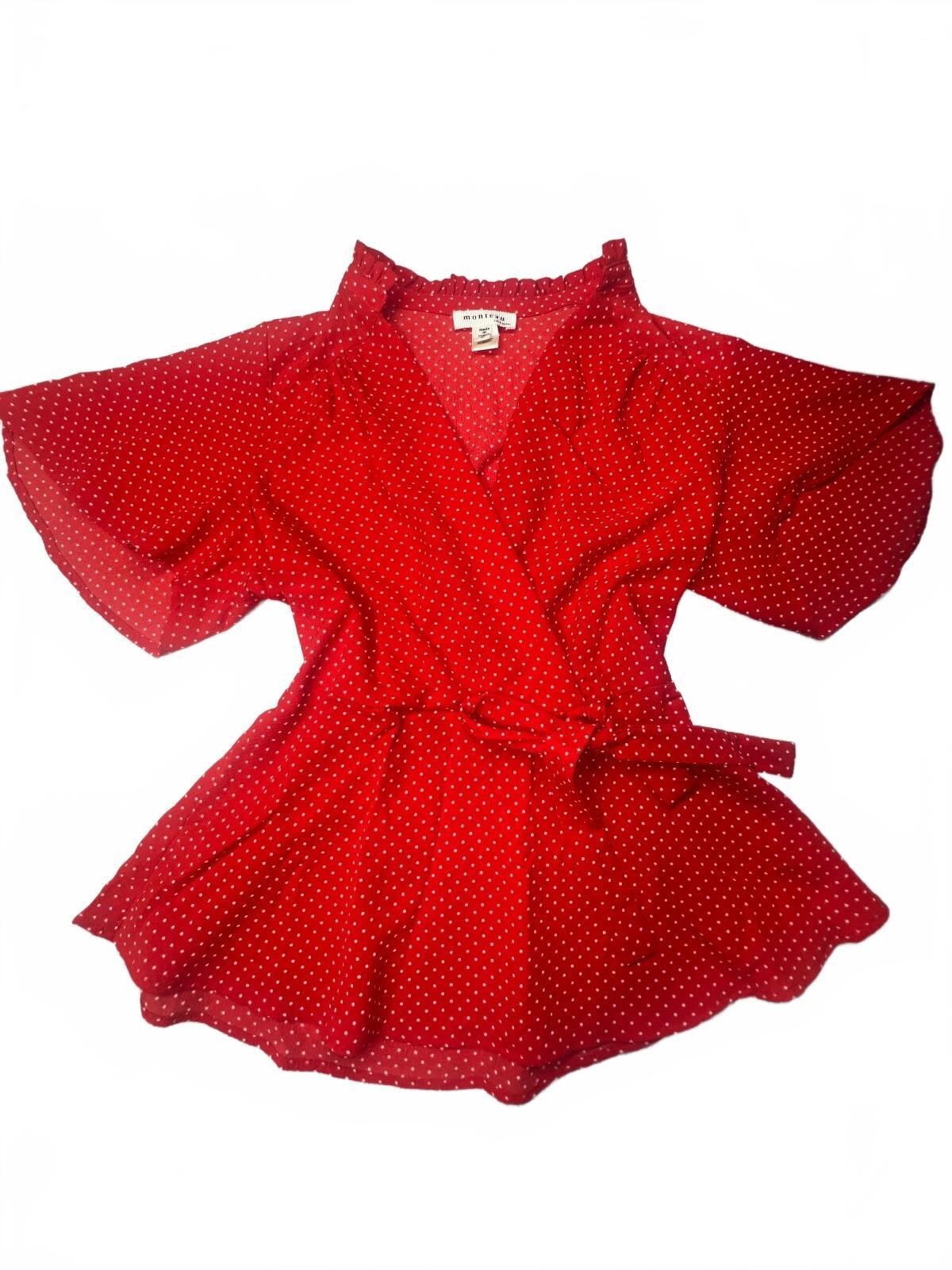 Monteau Los Angeles Red Polka Dot Faux Wrap Blouse Ruffle Neck Peplum Top Size S