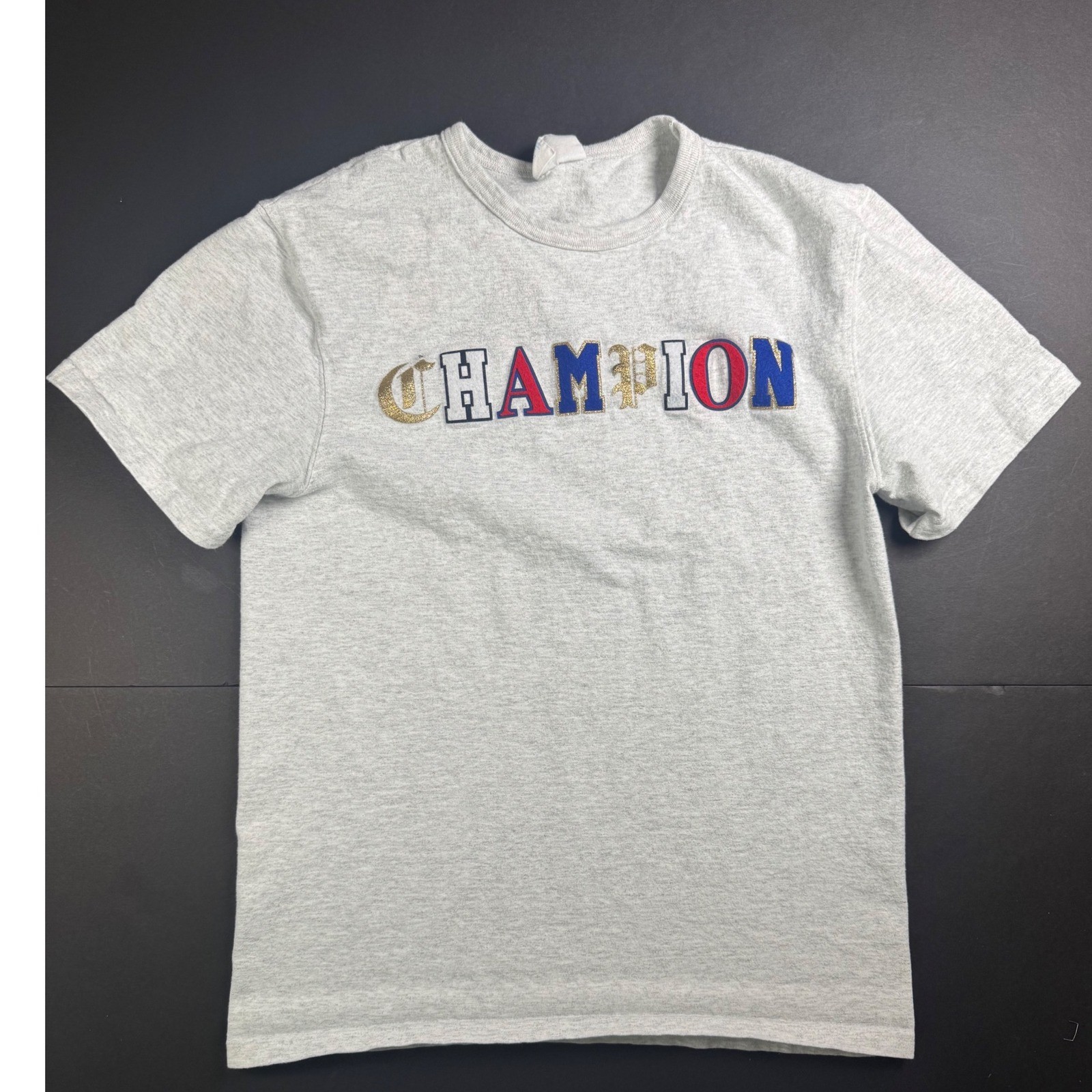 Champion Appliqué Embroidered Logo T-Shirt Womens Small Crew Retro Glitter Y2K
