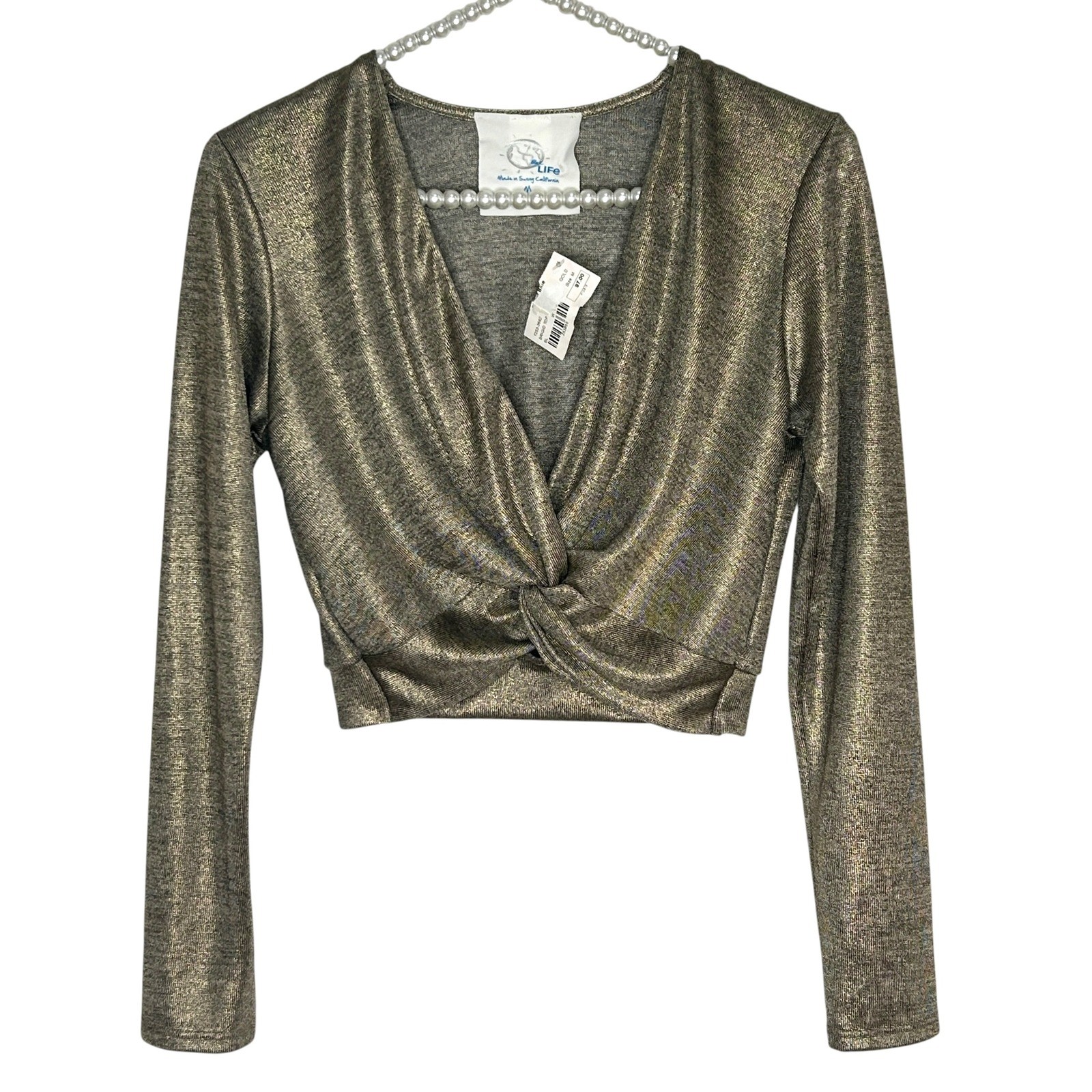 Blue Life Crop Twist Top Medium Festival Metallic Club Disco 70s Party Gold NEW