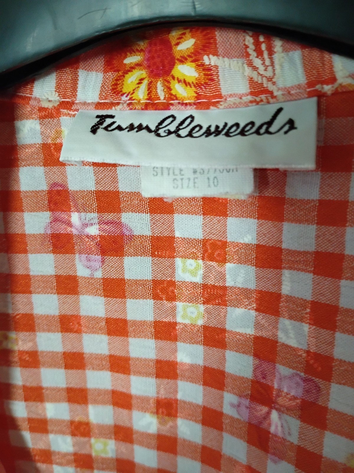 Vintage 90s Tumbleweeds Orange Gingham Floral & Butterfly Short Sleeve Button-Up