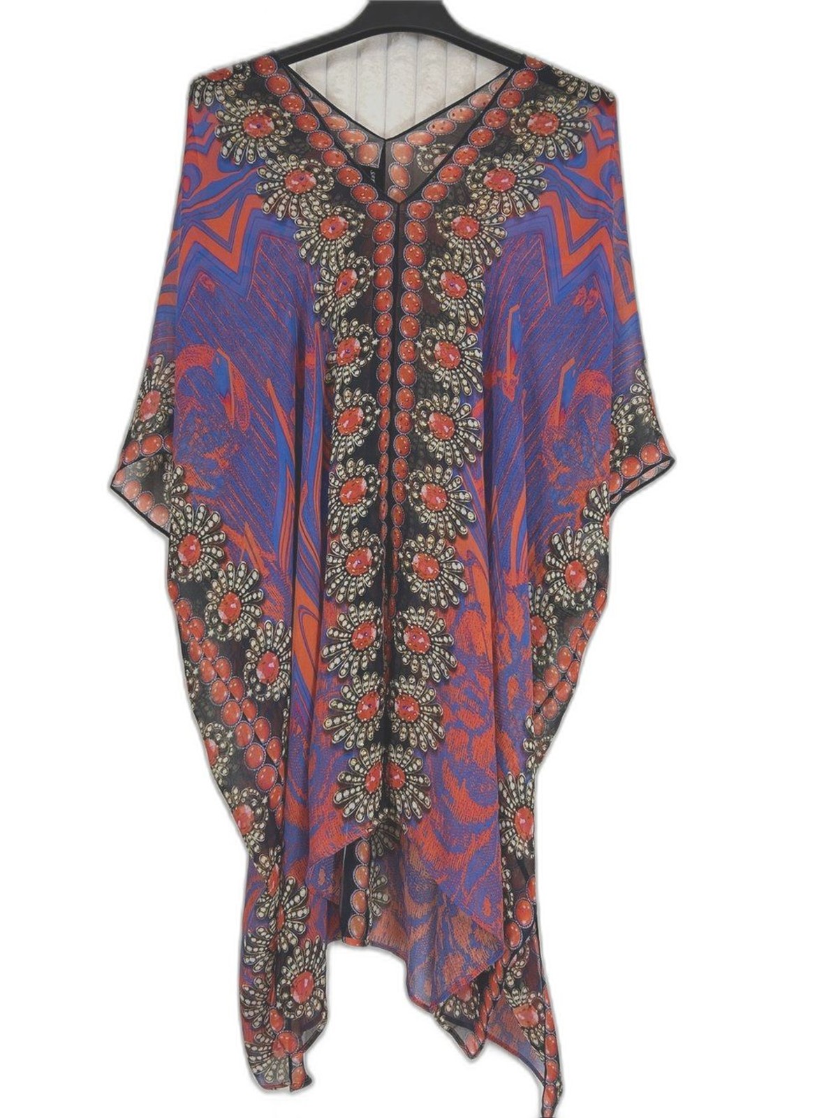 Sakkas Vibrant Red & Blue Kaftan Top with rhinestones OS READ