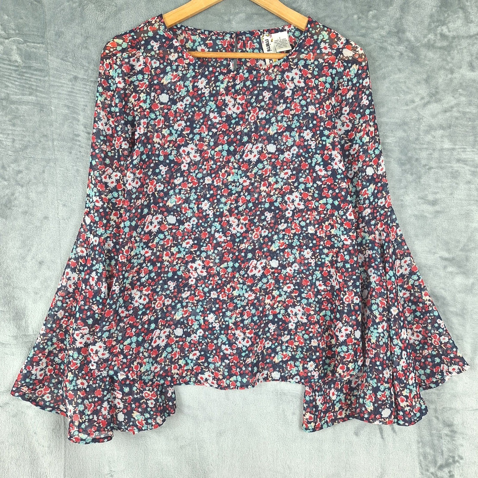 Womens Top Small Floral Festival Fairy Boho Hippie Flare Sleeve Sheer Feminine