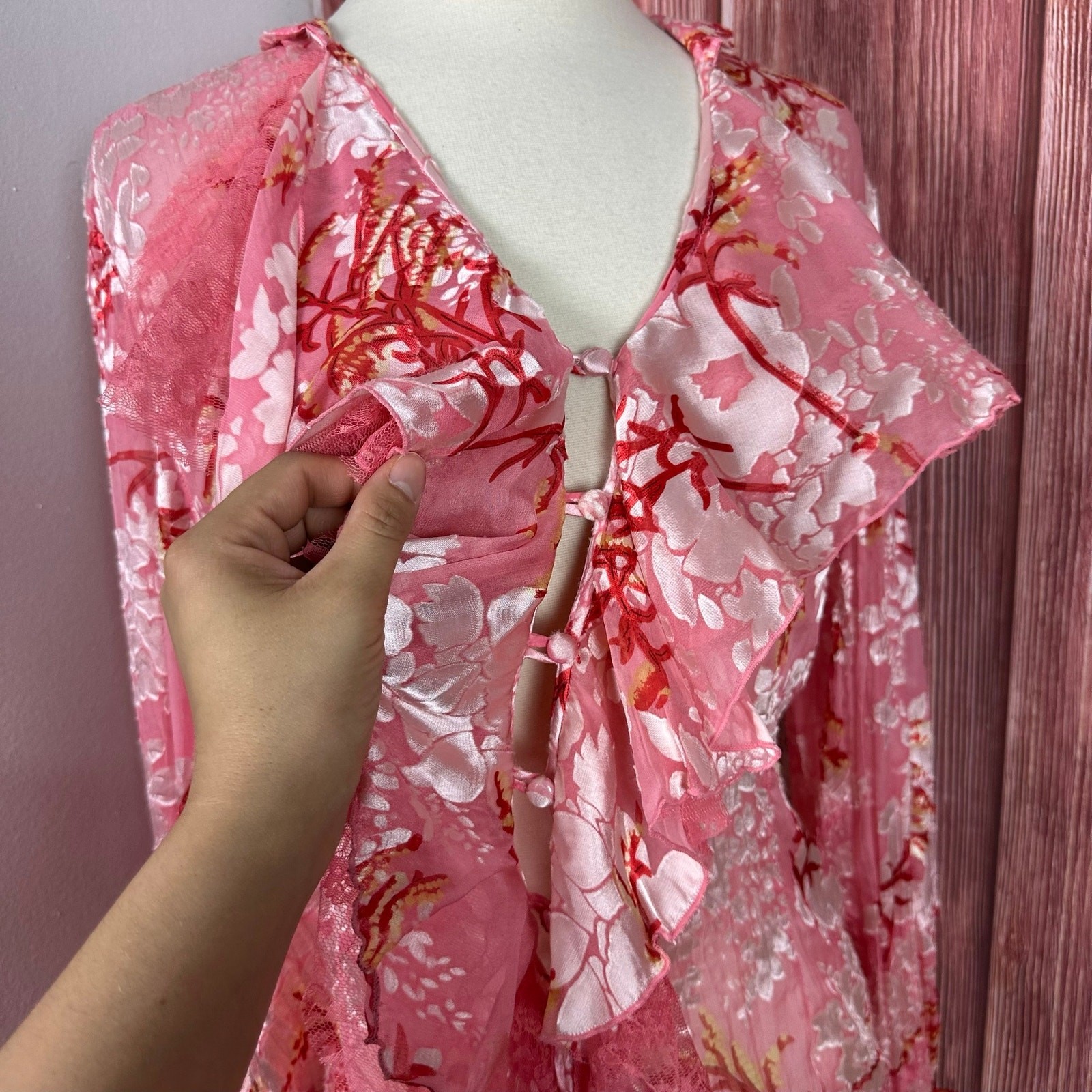 Y2K Fantazia Pink Lace Blouse Victorian Silk Blend Sheer Whimsy Womens Size XL