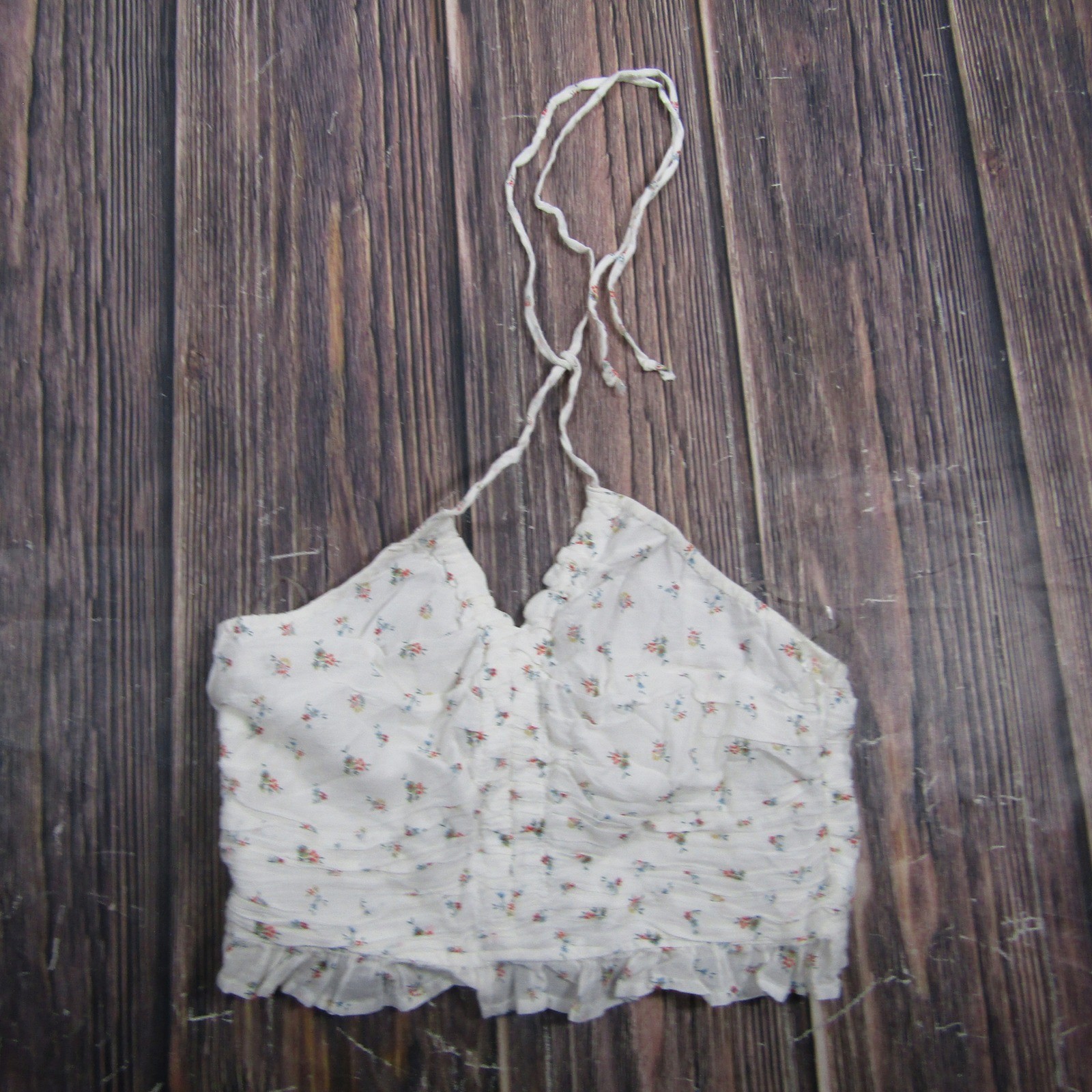American Eagle Halter Top Womens Small White Floral Smocked Ruched Ruffle Crop
