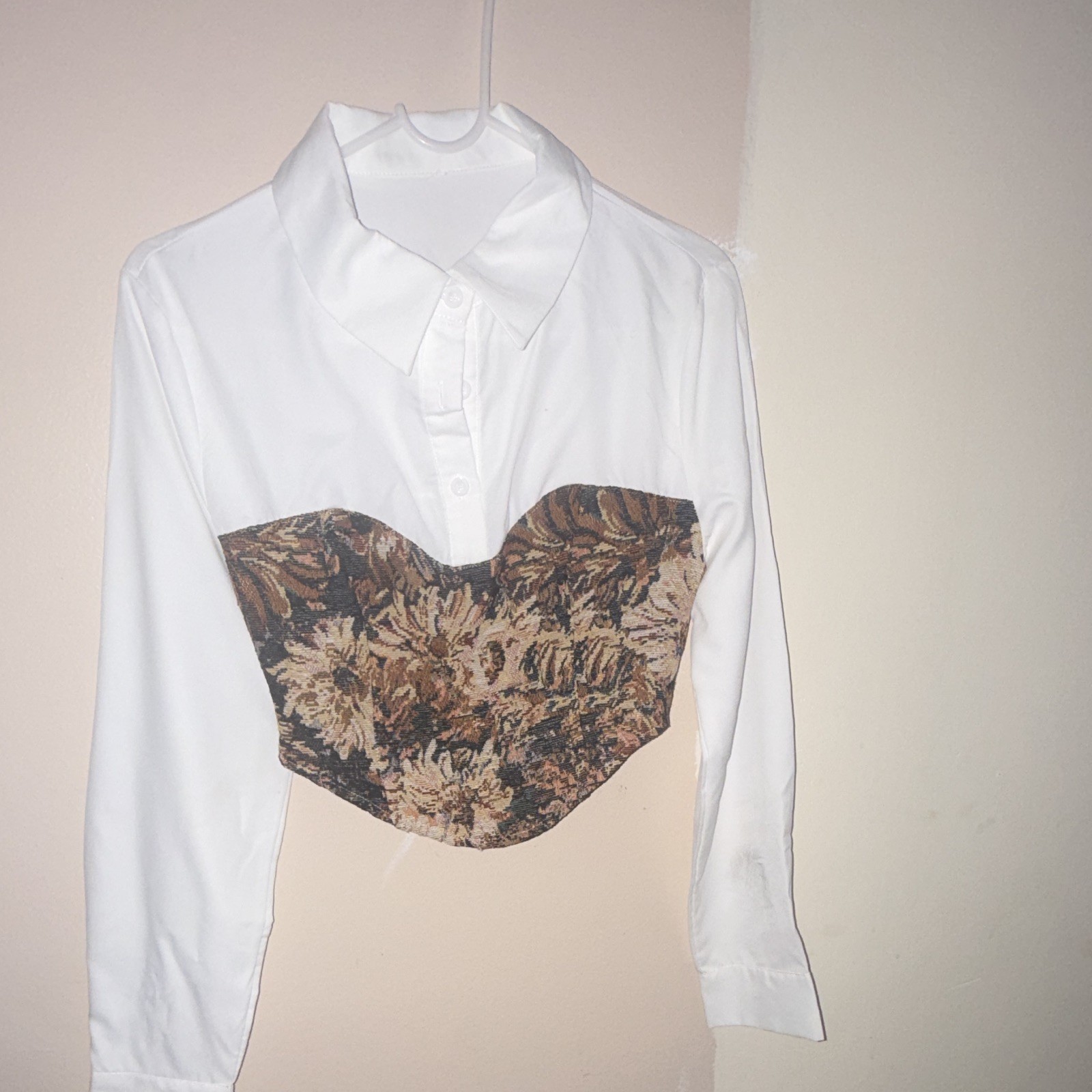 Maternity Women’s S Woven Cotton Blouse White/Brown Floral Collared Crop