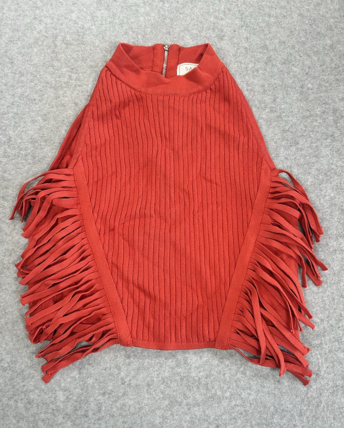SAGE THE LABEL Orange Knit Fringe Mock Neck Sleeveless Tank Top, Women’s M