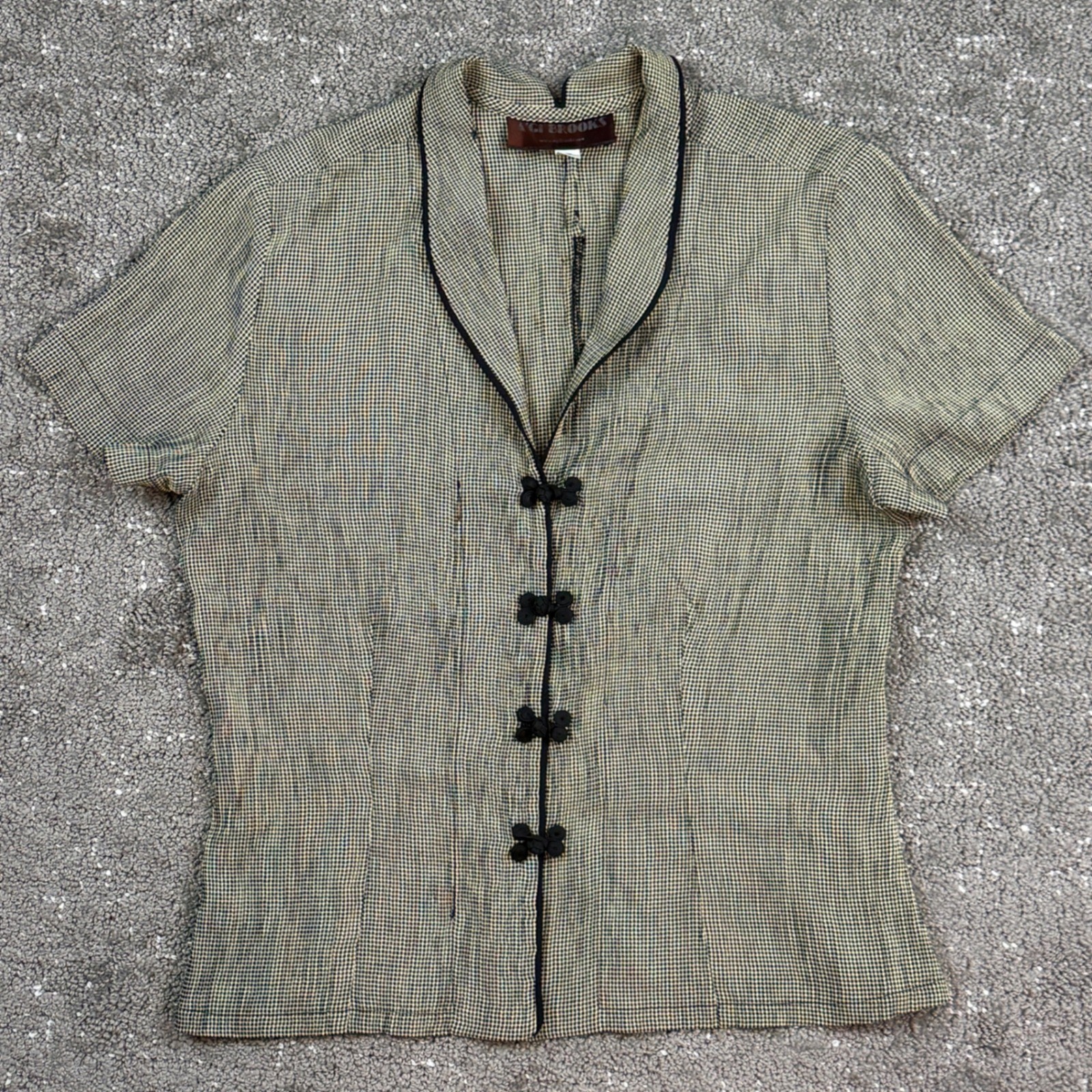 Agi Brooks Gingham Frog Closure Blouse Black White Short Sleeve Women’s S