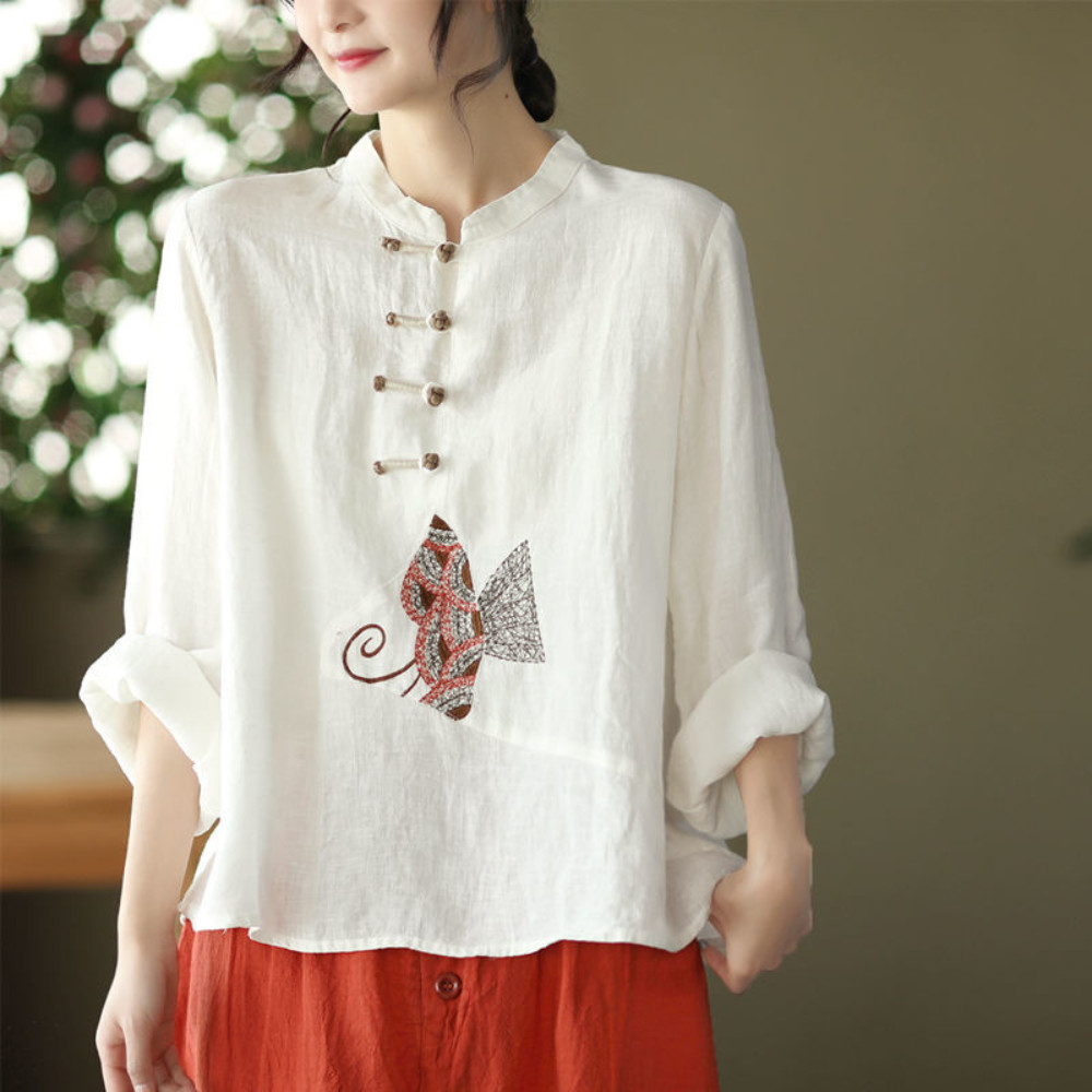 Ethnic Women Embroidery Cotton Linen T-shirts Casual Tops Blouse Retro Chinese