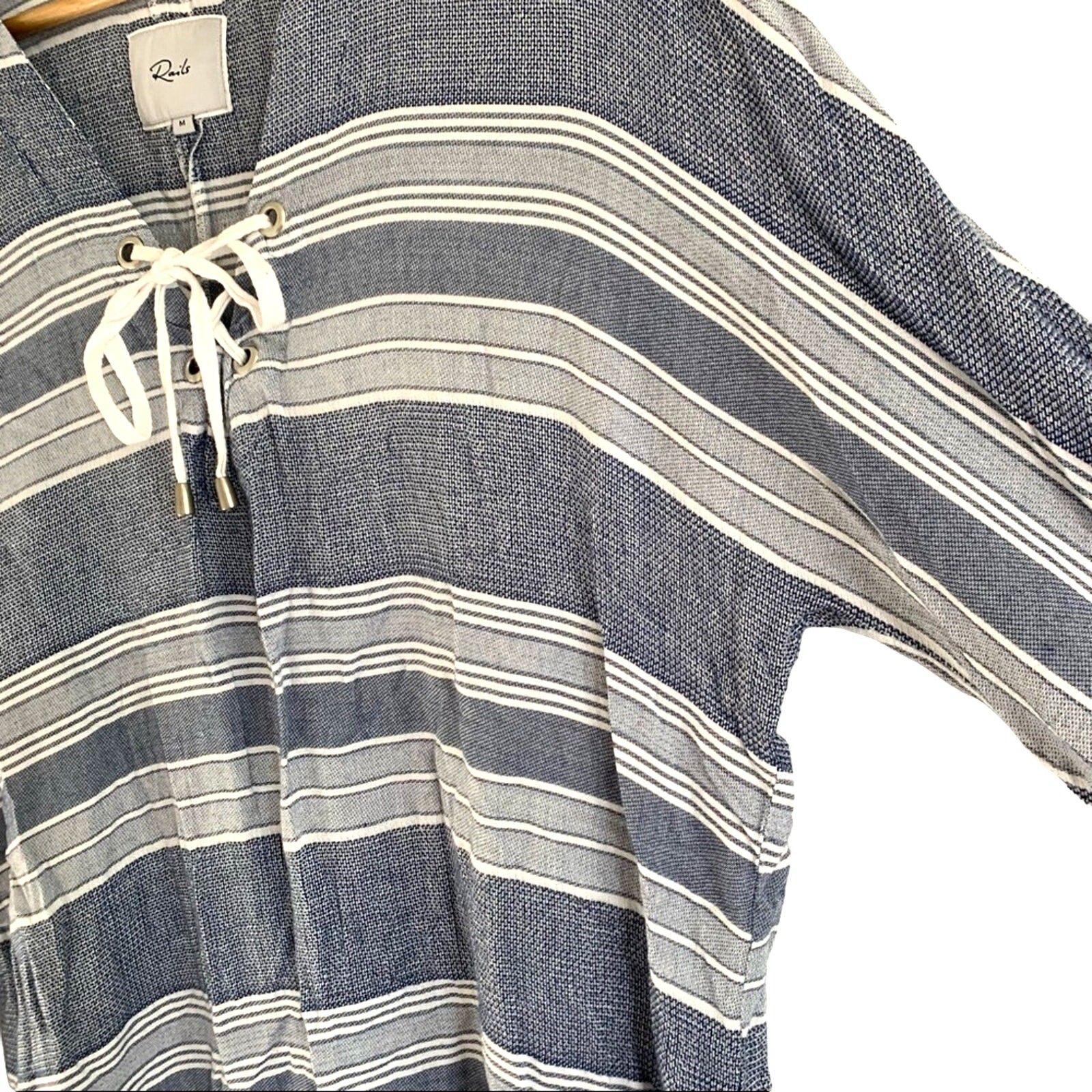 RAILS Lily Lace Up Long Sleeve Linen Blend Top Athens Stripe Blue White Medium
