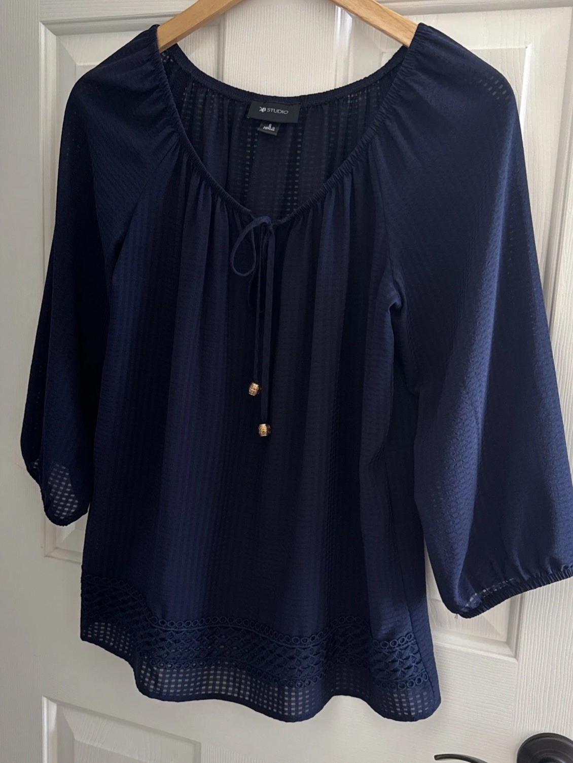 AB Studio Women’s Size Small Sheer Navy Blue Blouse 3/4 Sleeves Bead Accent