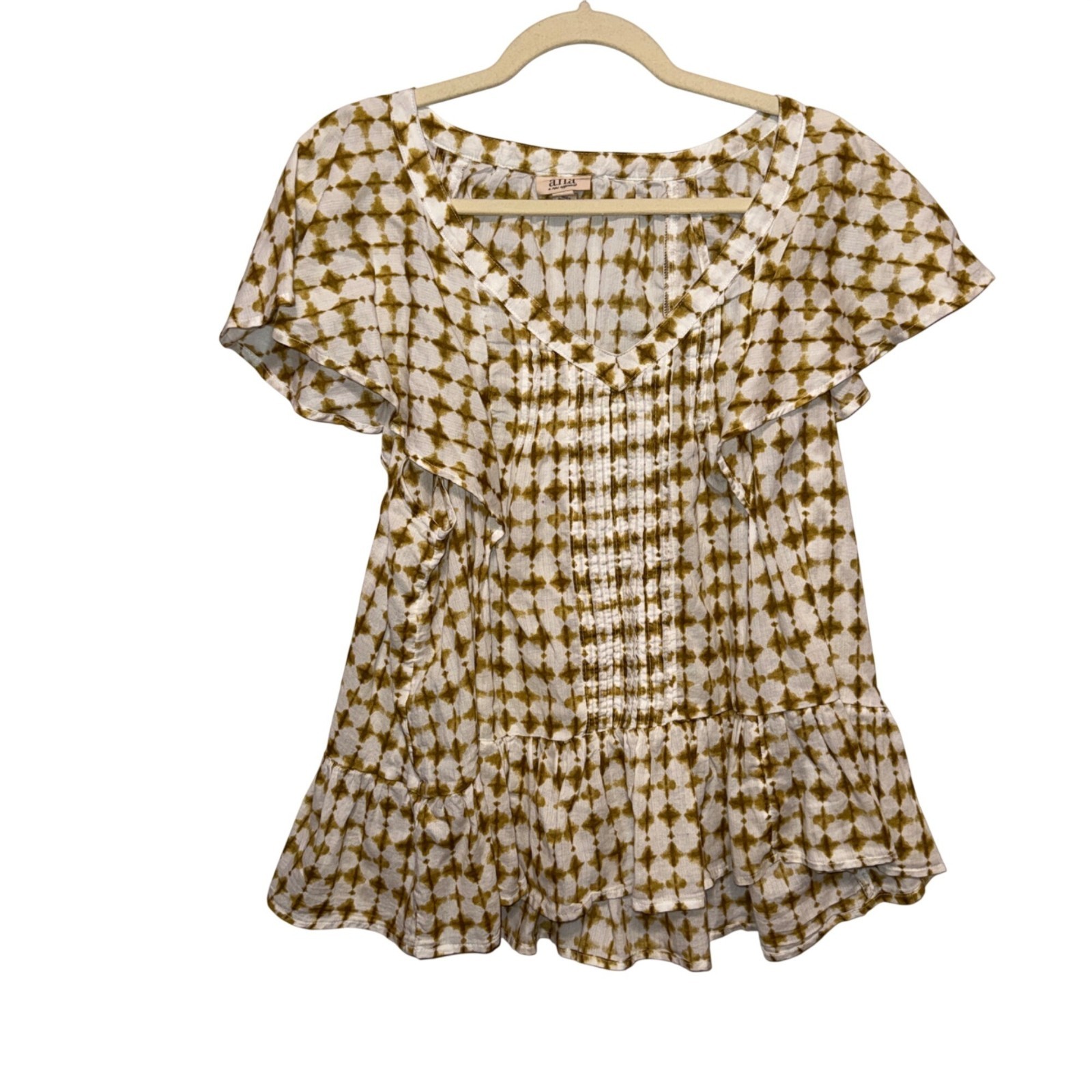NWT A.N.A White & Mustard Diamond Print Short-Sleeve Blouse XL Lightweight