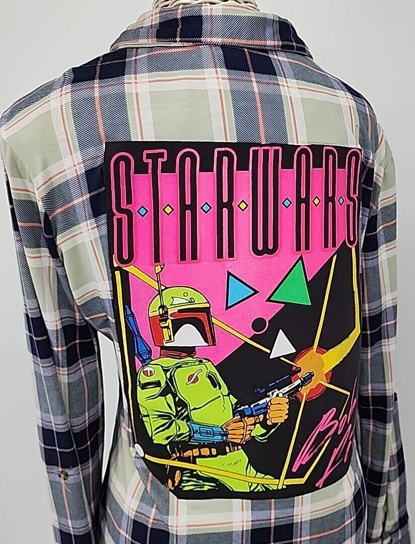 Star Wars Boba Fett Neon 80s On RUE 21 Women’s Lg Plaid Button Up Upcycled