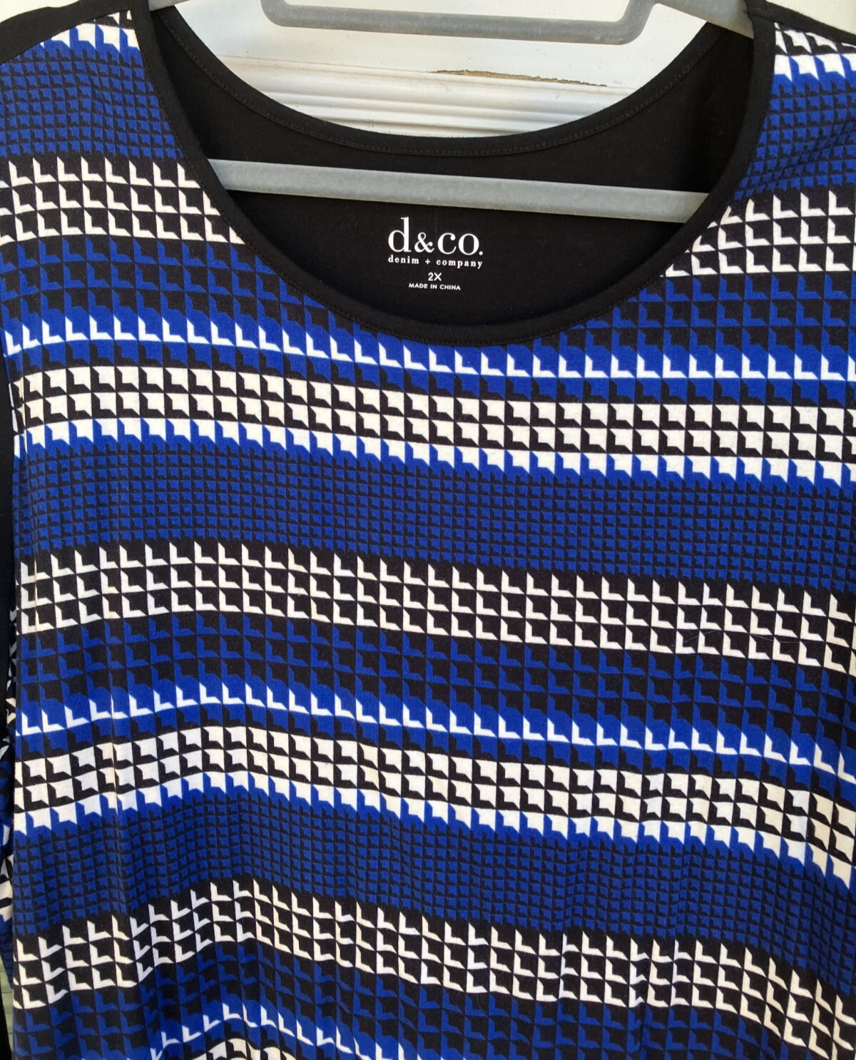 NWOT 2X D & Co. DENIM & CO. BLACK WHITE BLUE TOP SHIRT COTTON RAYON SPANDEX LS