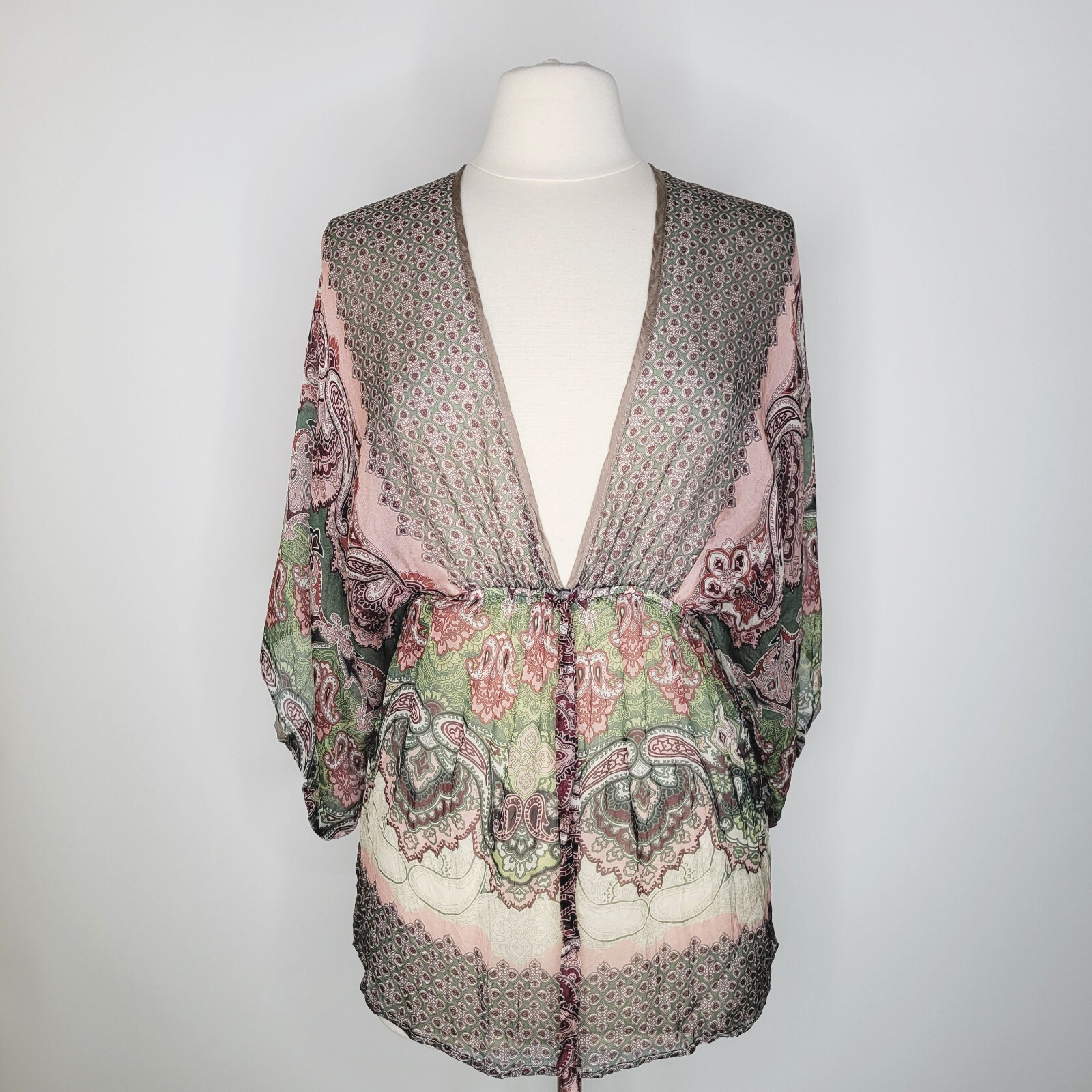 KAREN KANE 100% Silk Paisley Kimono Top Size M Tie Waist Delicate Sheer Cover Up