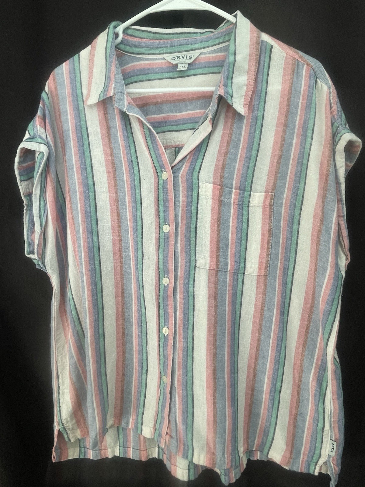Orvis Button Striped Linen Blend retro Rolled Cuff Pocket Side Slit L