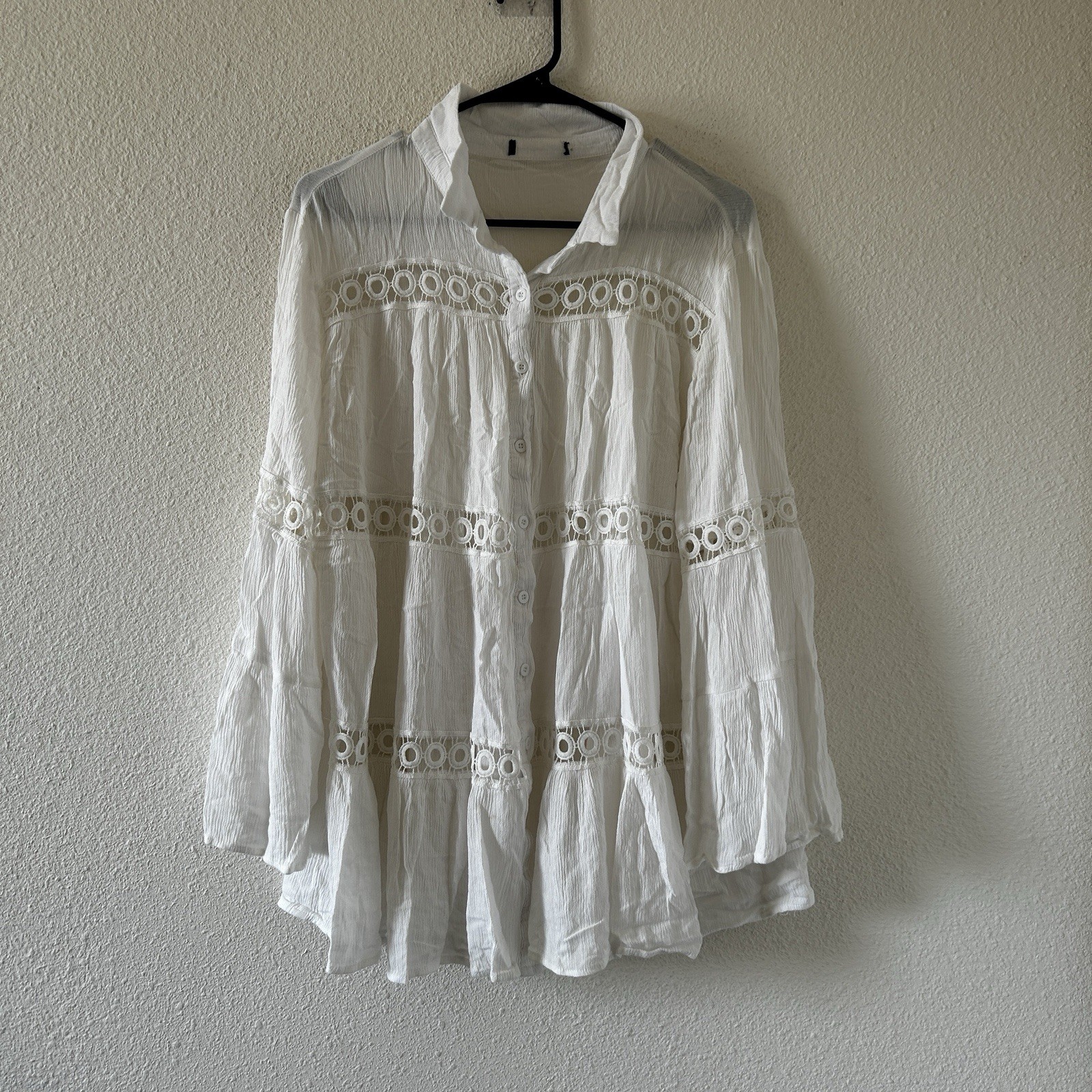 Lightweight Boho Western crochet Lace panels Button-front Top Women’s L/XL White