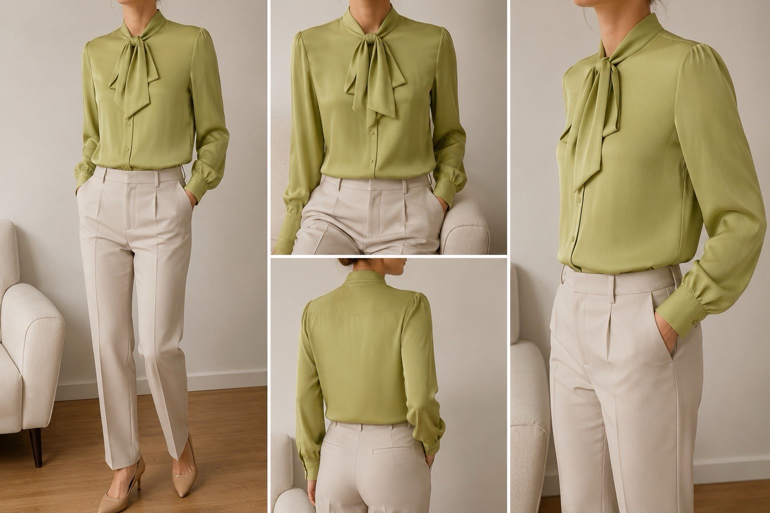 Authentic Gucci Uniform 100% Silk Pussy Bow Blouse Green S -38 Made in Bulgaria