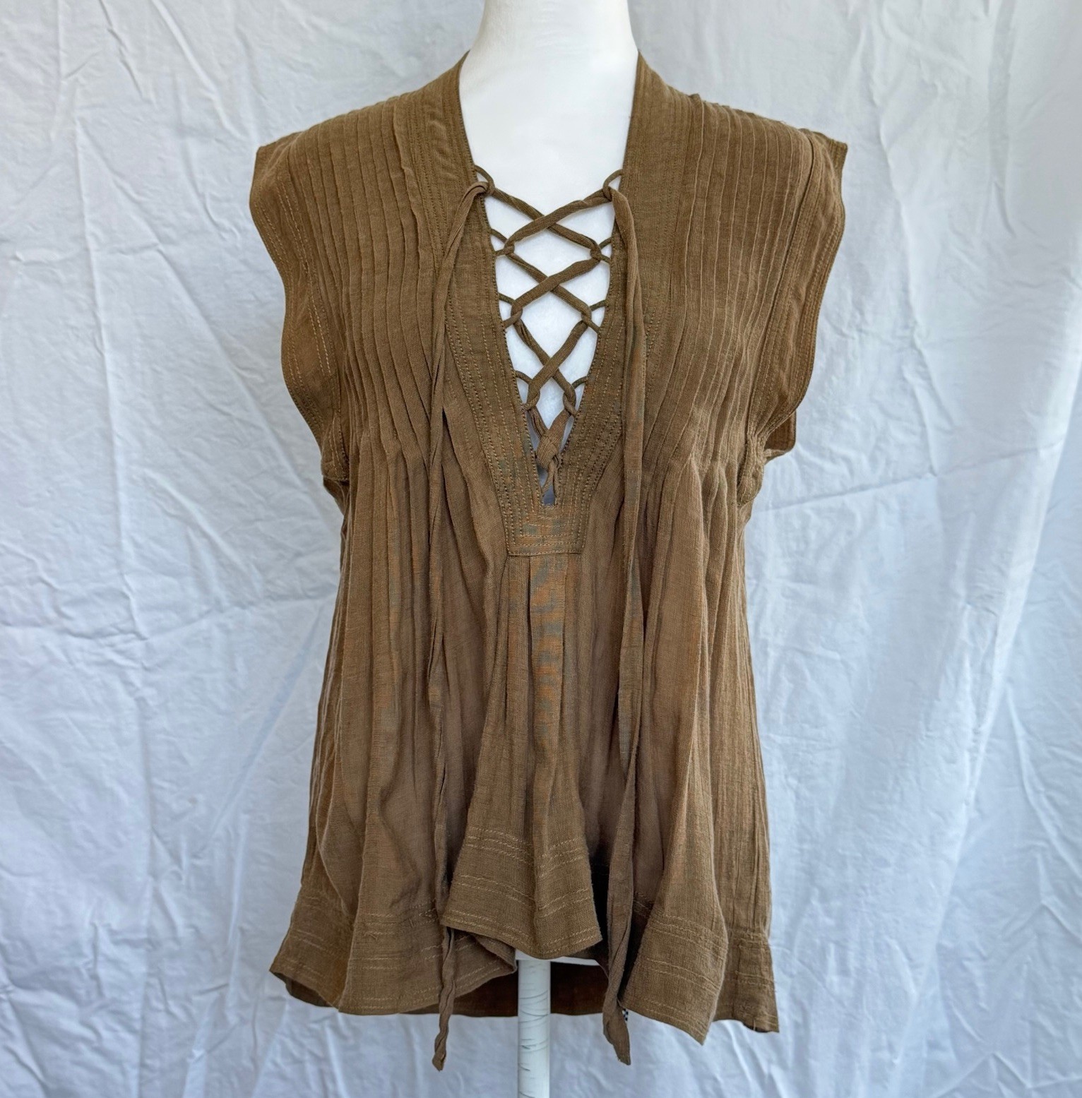 Isabel Marant Étoile Brown Sleeveless V-Neck Lace-Up Woven Tunic Blouse