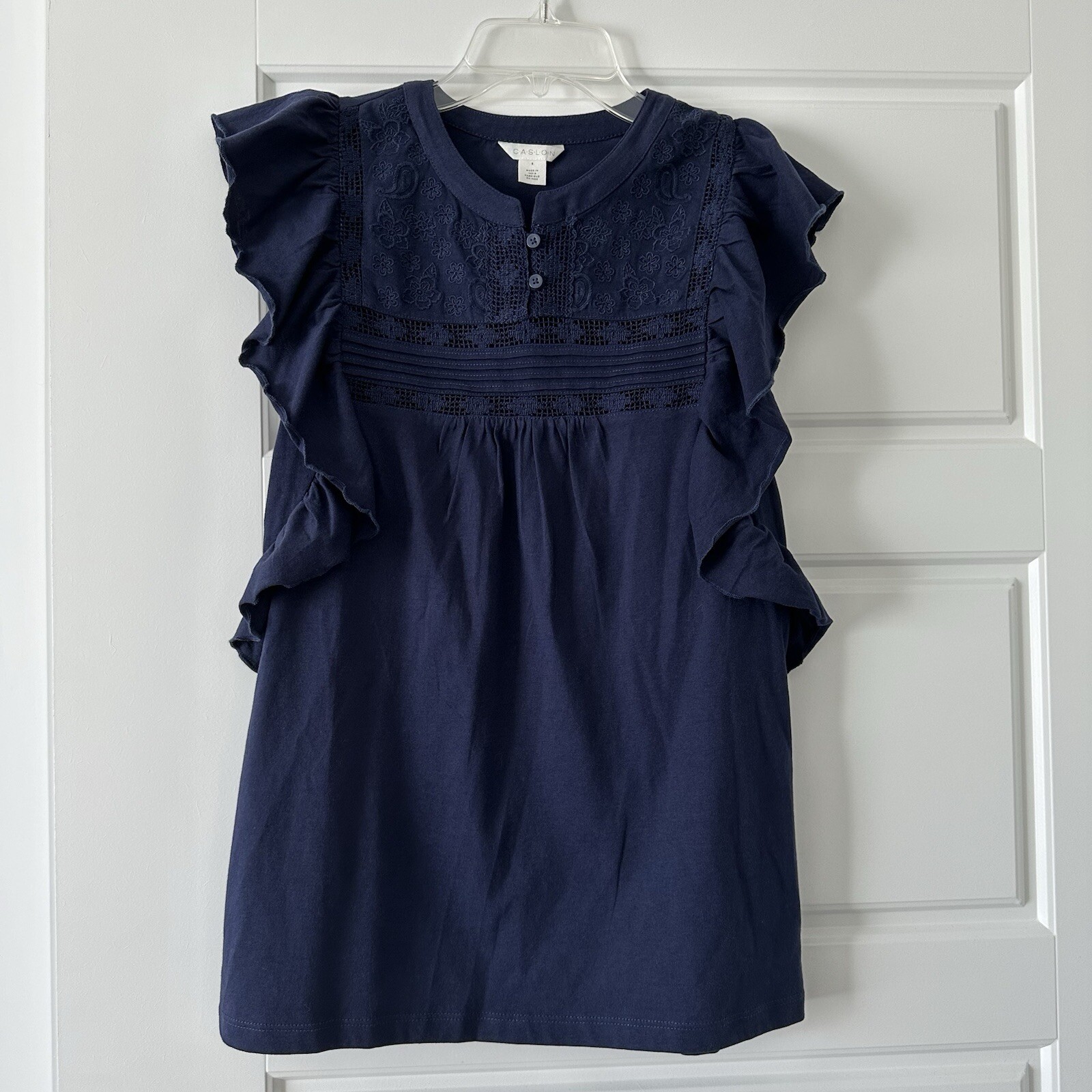 Caslon Navy Blue Embroidered Yoke Lace Trim Ruffle Tank Size Small
