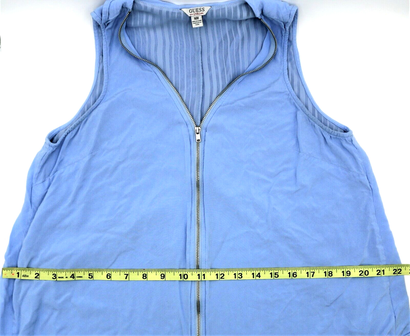 Guess Women’s sleeveless Blue top Asymmetrical full front zip sheer back size M