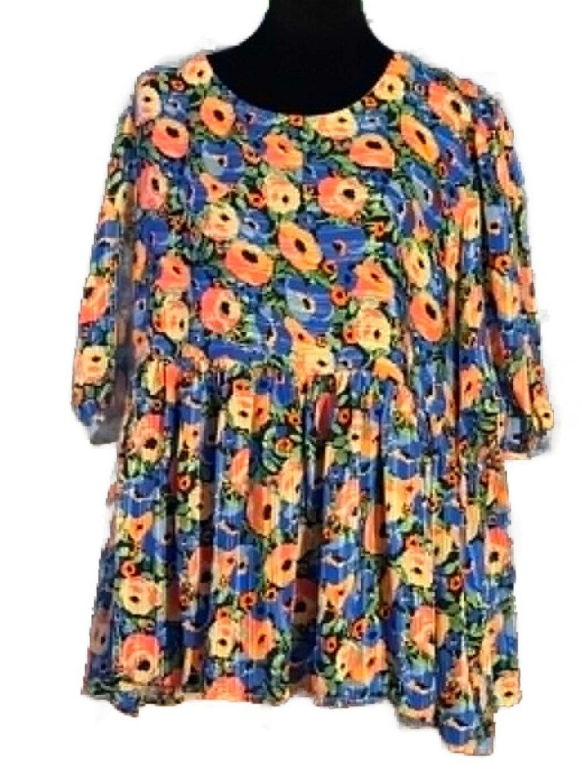 Umgee XL Blue Orange Floral Babydoll Top Metallic Thread Boho Blouse