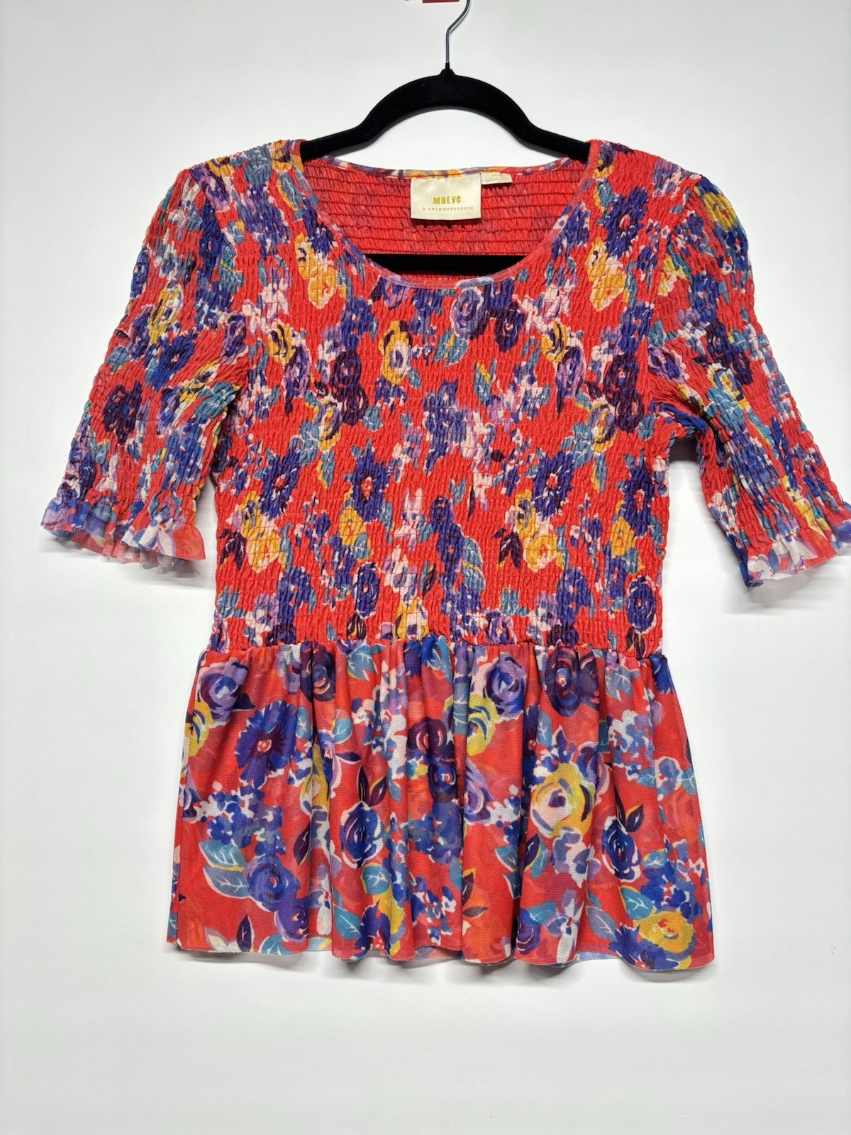Maeve Anthropologie Ashto Smocked Floral Peplum Flutter Sleeve Top Blouse S