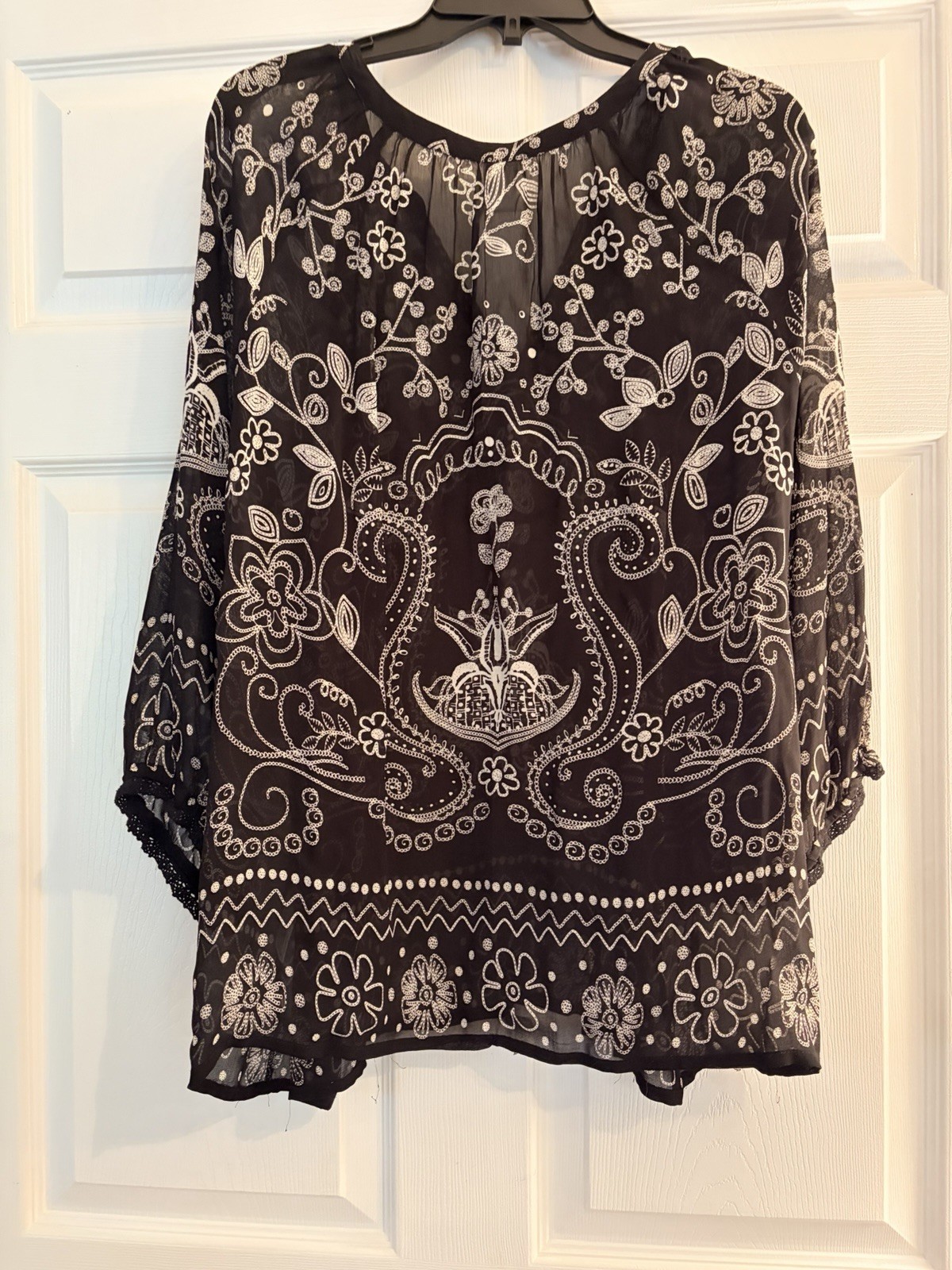 Vintage Bila XL Black Embroidered Sequin Beaded Boho Tunic Blouse Y2K