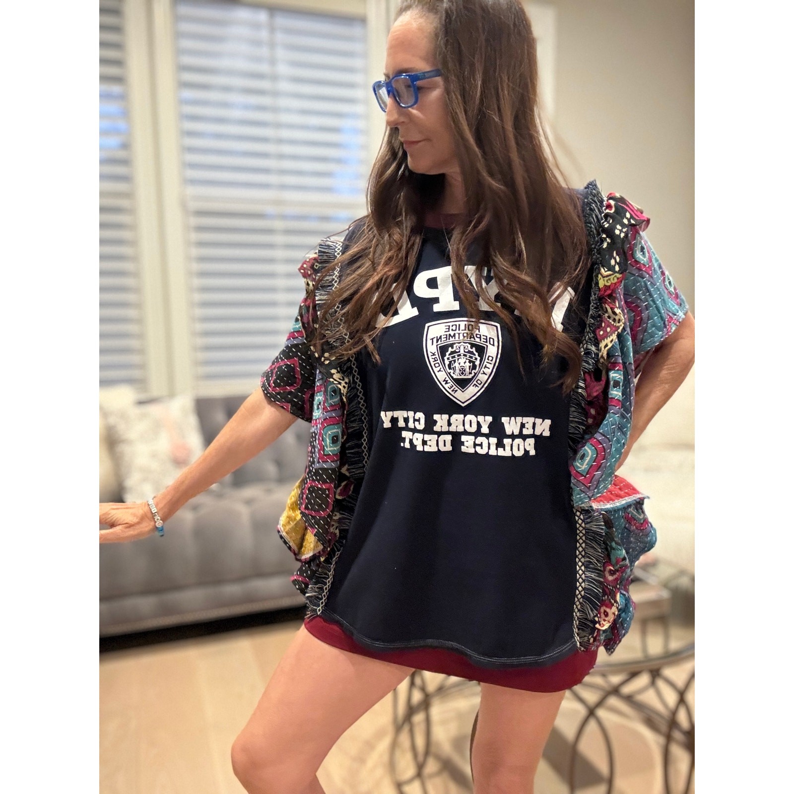 Upcycled NYPD Kantha Poncho Tunic One Size | SAME DAY SHIP or NEXT DAY