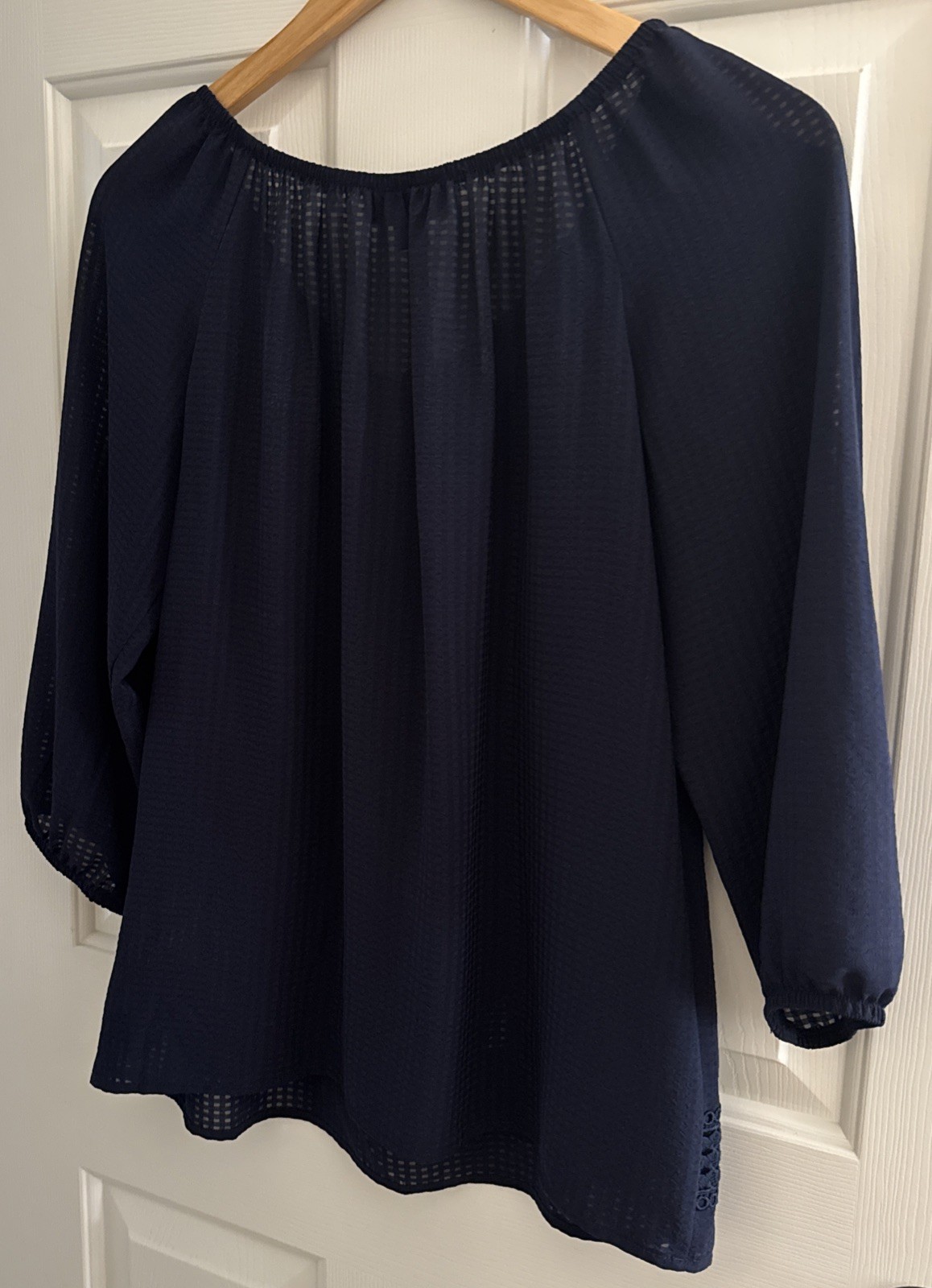 AB Studio Women’s Size Small Sheer Navy Blue Blouse 3/4 Sleeves Bead Accent