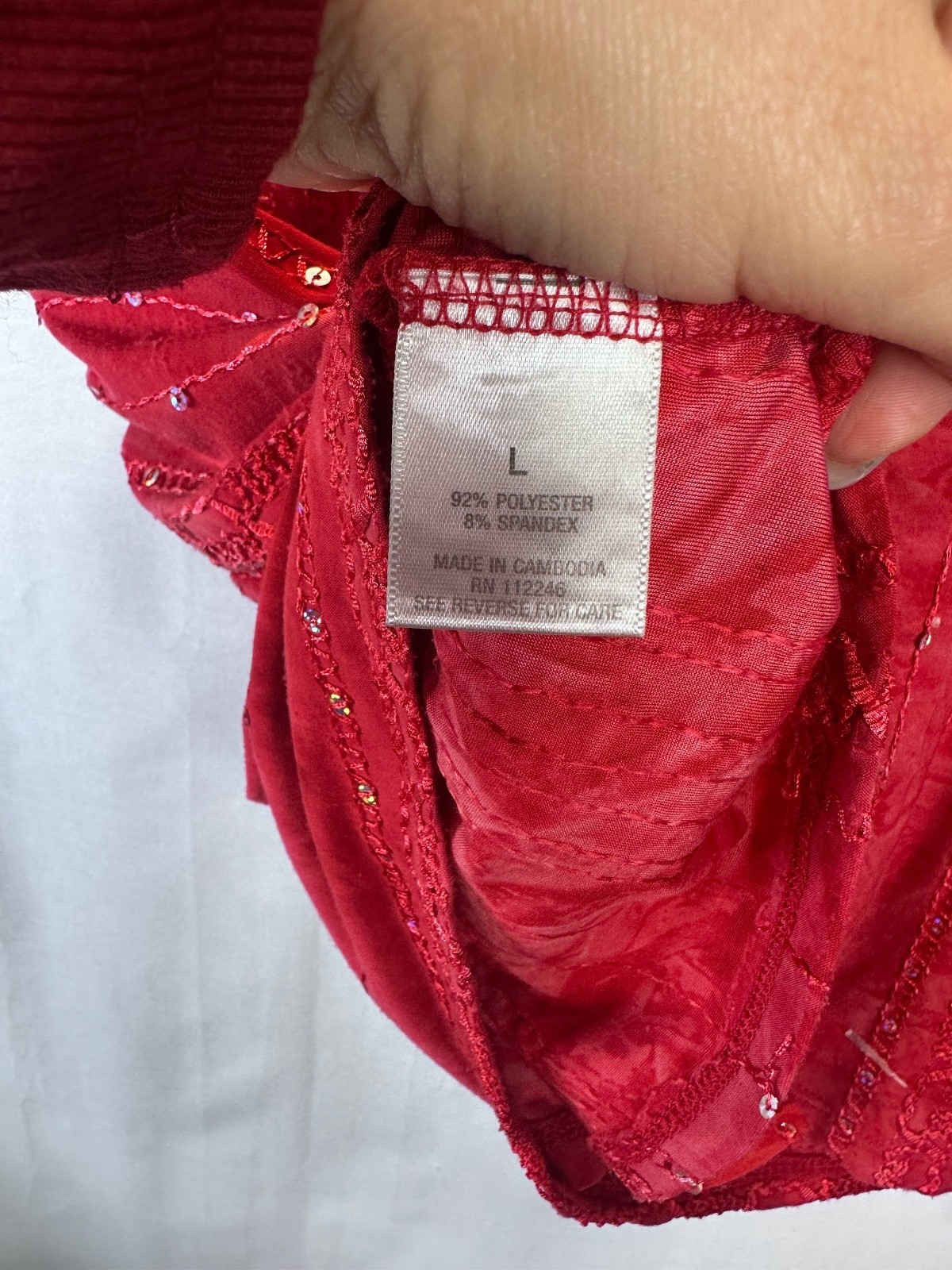 Dressbarn Size L Red Sequin Blouse Sheer 3/4 Sleeve Embellished Y2K Holiday Top