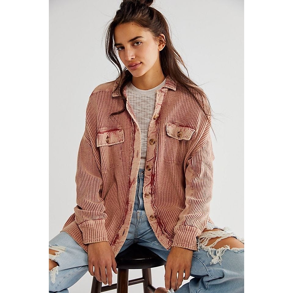 Free People FP One Scout Jacket Salmon Oversized Waffle Knit Thermal Top Size S