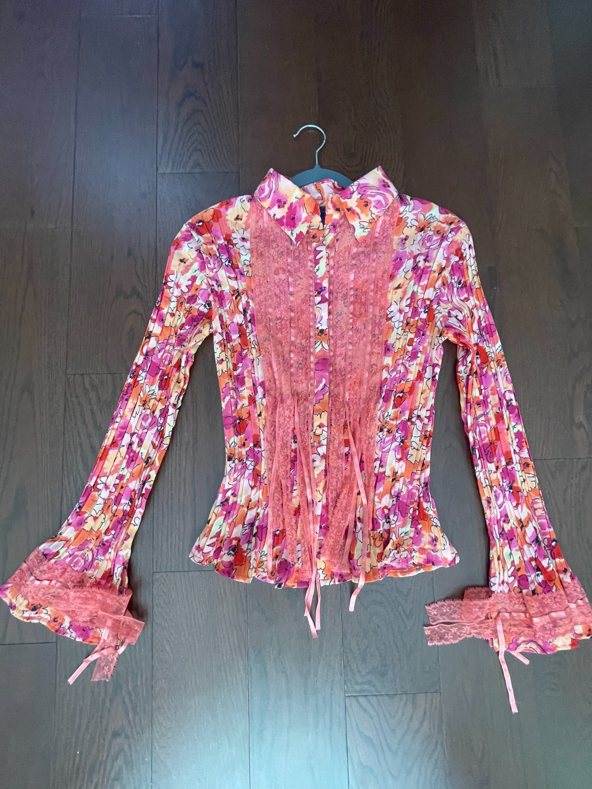 Women’s Floral Lace Bell Sleeve Blouse Boho Button Up Top Size L