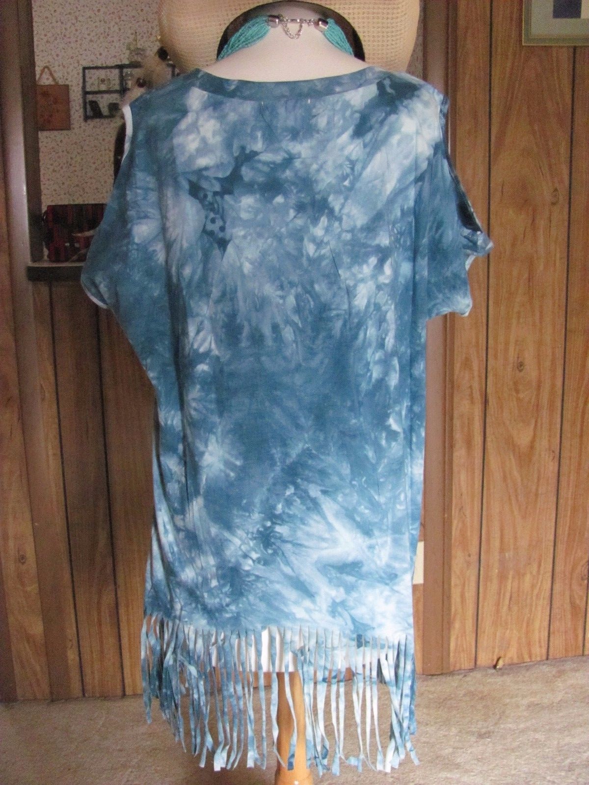 L-Love Ladies Cut-out shoulder tie dye top with fringe Tunic/Teal Cotton/Spande