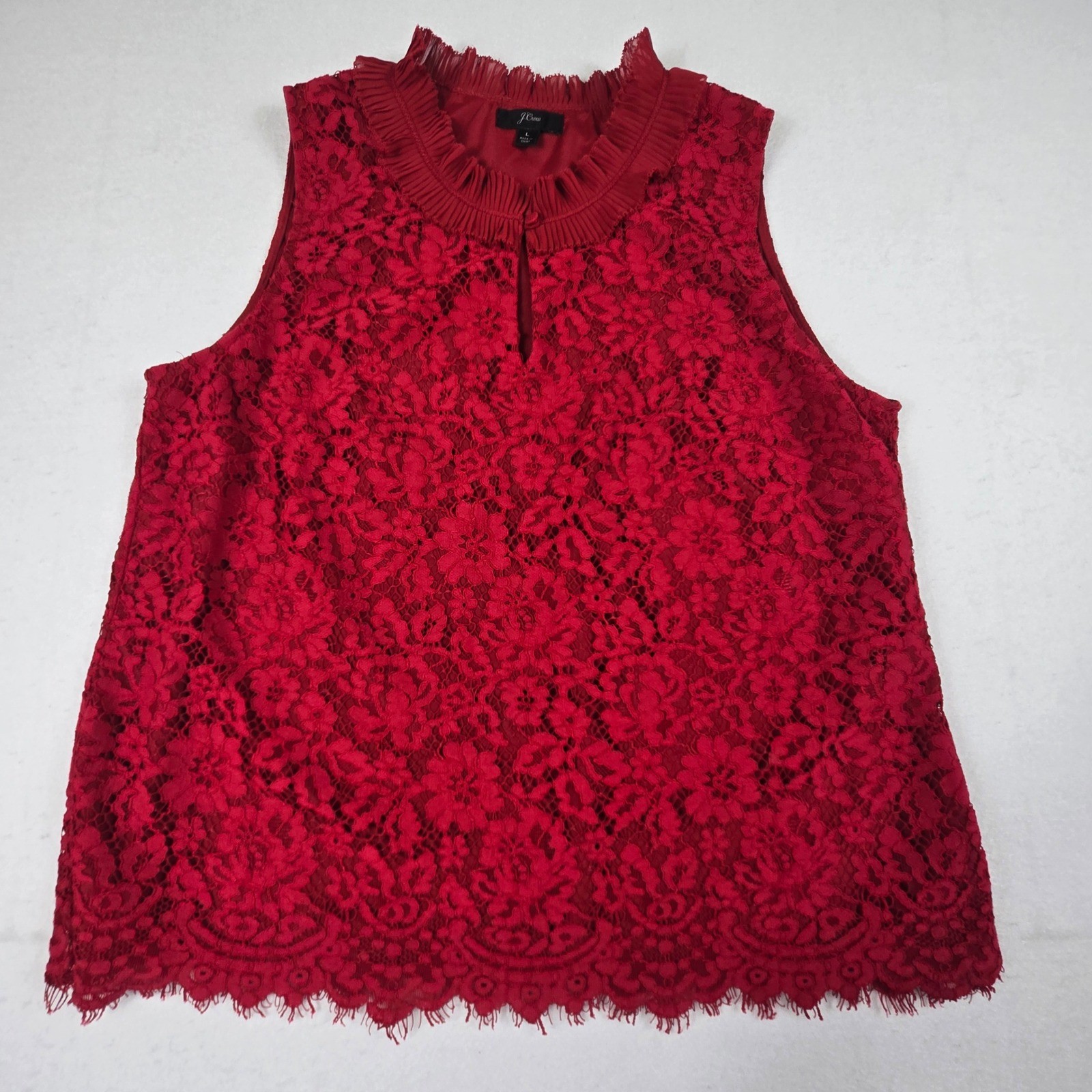 J.Crew Lace Tank Top Women Large Red Sleeveless Pleated Ruffle Neck (T7)